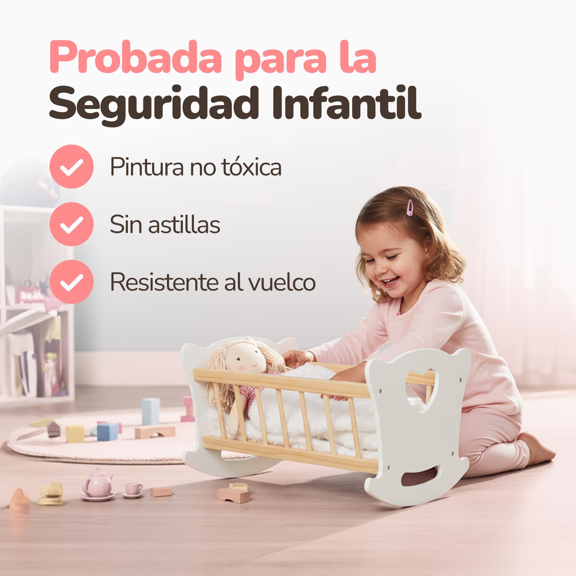 Kinderplay - Cuna de Madera con Ropa de Cama para muñecas de hasta 49,5 cm, Juguete de Madera para niñas a Partir de 3 años, Cuna sostenible para Juegos de rol y Regalo para niños