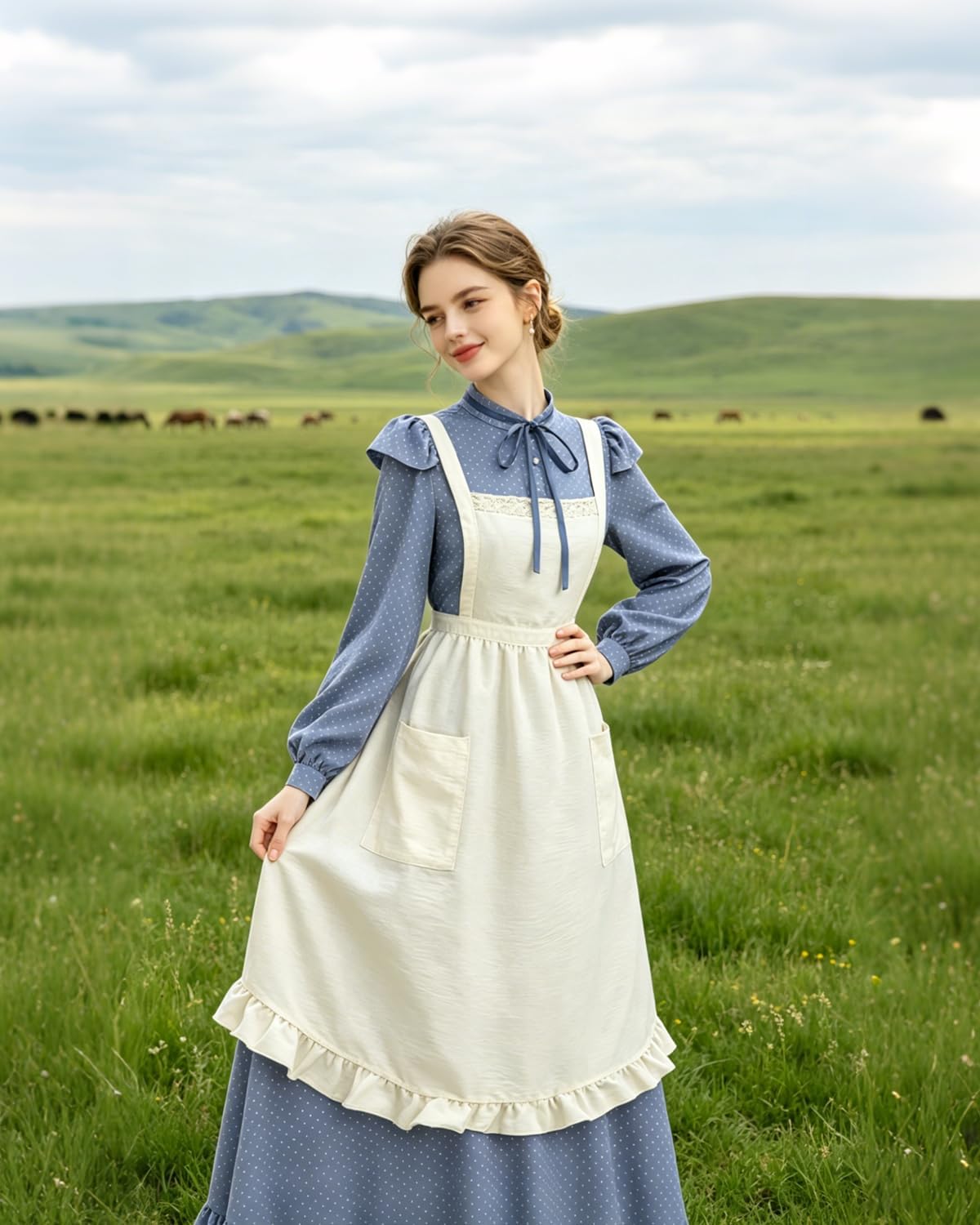 Nuoqi Women Blue Pioneer Dress with Bonnet 3-Piece 1800s Colonial Costume Prairie Dress Pilgrim Outfit Halloween