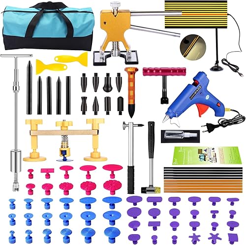 GLISTON Kit de reparación de abolladuras sin pintura para bricolaje, 89 piezas, herramientas para extractor de abolladuras, martillo deslizante para