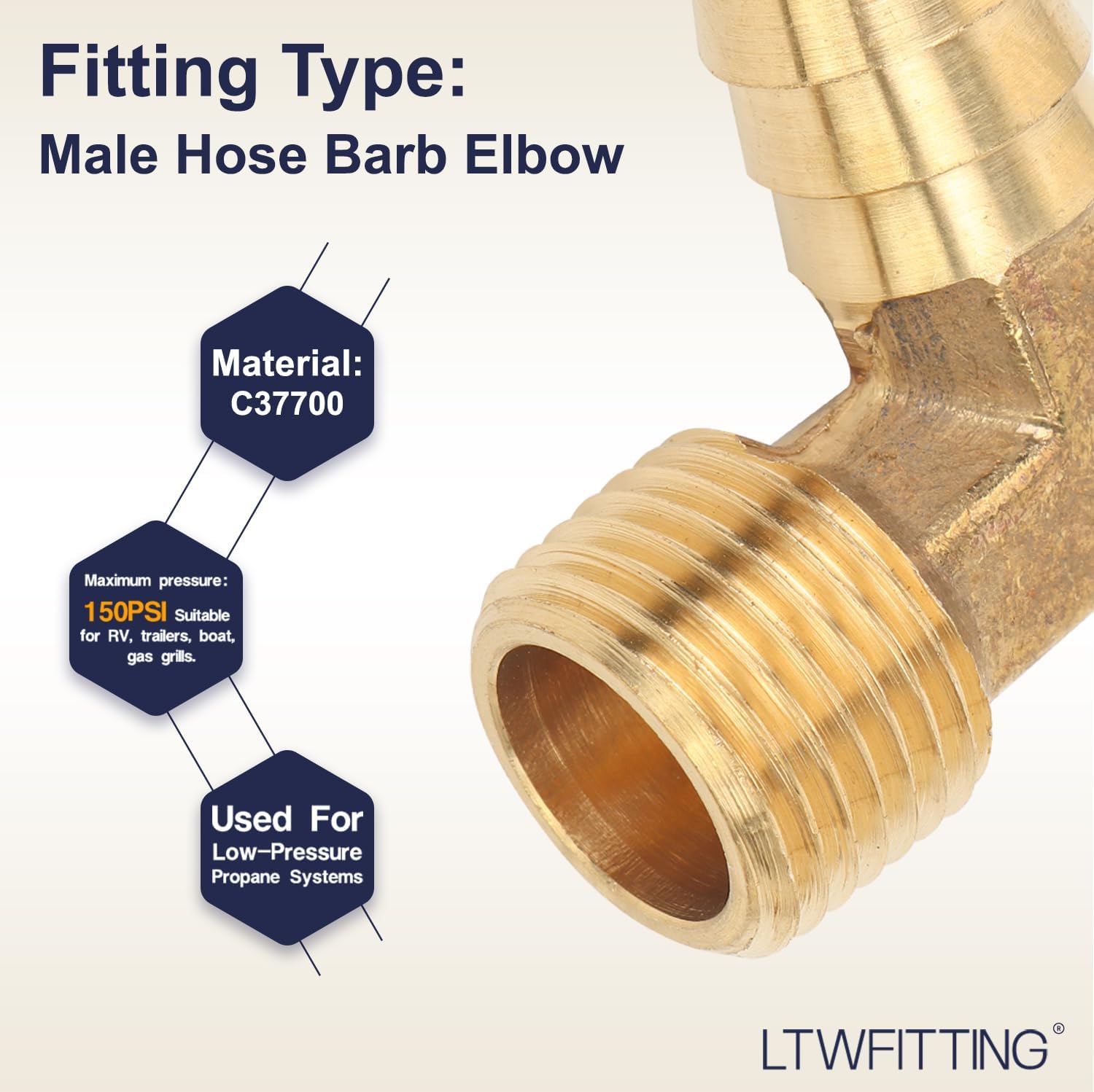 LTWFITTING 90 Degree Elbow Brass Barb Fitting 5/8 ID Hose x 1/2-Inch Male NPT Vehicle Fuel System Heater System (Pack of 20)