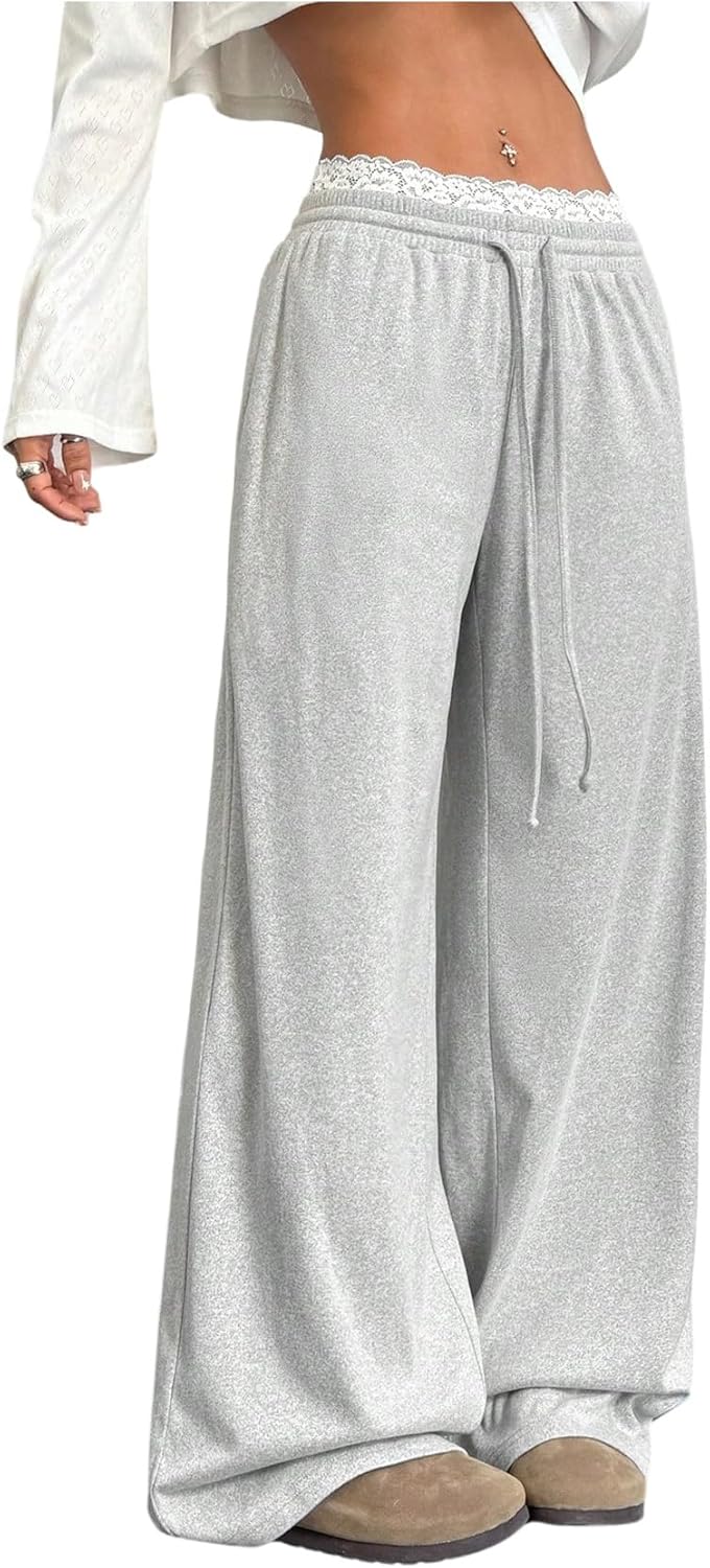 SweatyRocks Women's Plus Size Wide Leg Sweatpants Baggy Elastic Waist Eyelet Lace Trim Sweat Pants with Pocket Trousers - Image 2