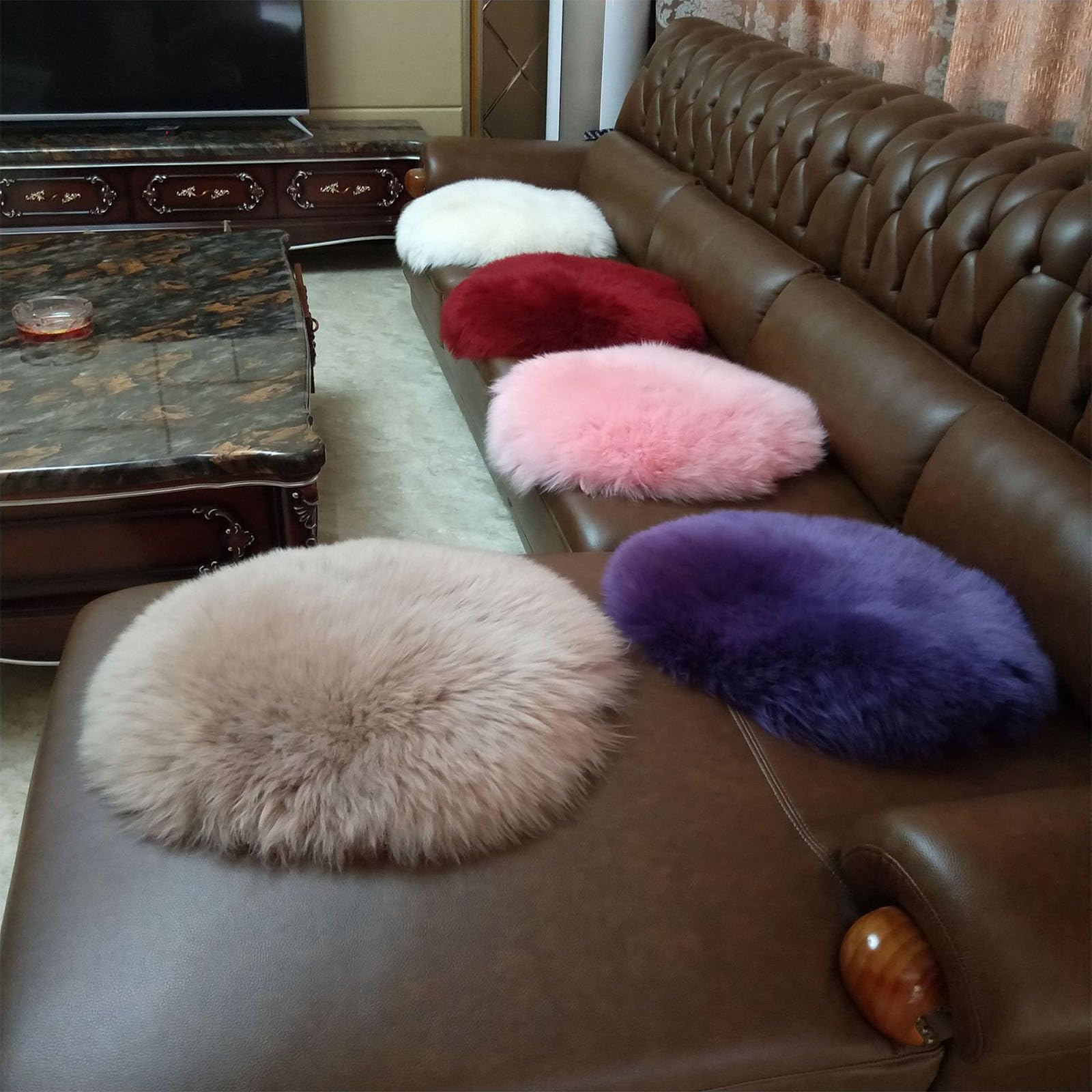 Miękka owcza skóra okrągła poduszka do siedzenia, 50 cm, żółta wełniana podkładka na krzesło, przytulny dywan z owczej skóry, do salonu, sypialni, biura, na wózek inwalidzki i fotelik samochodowy