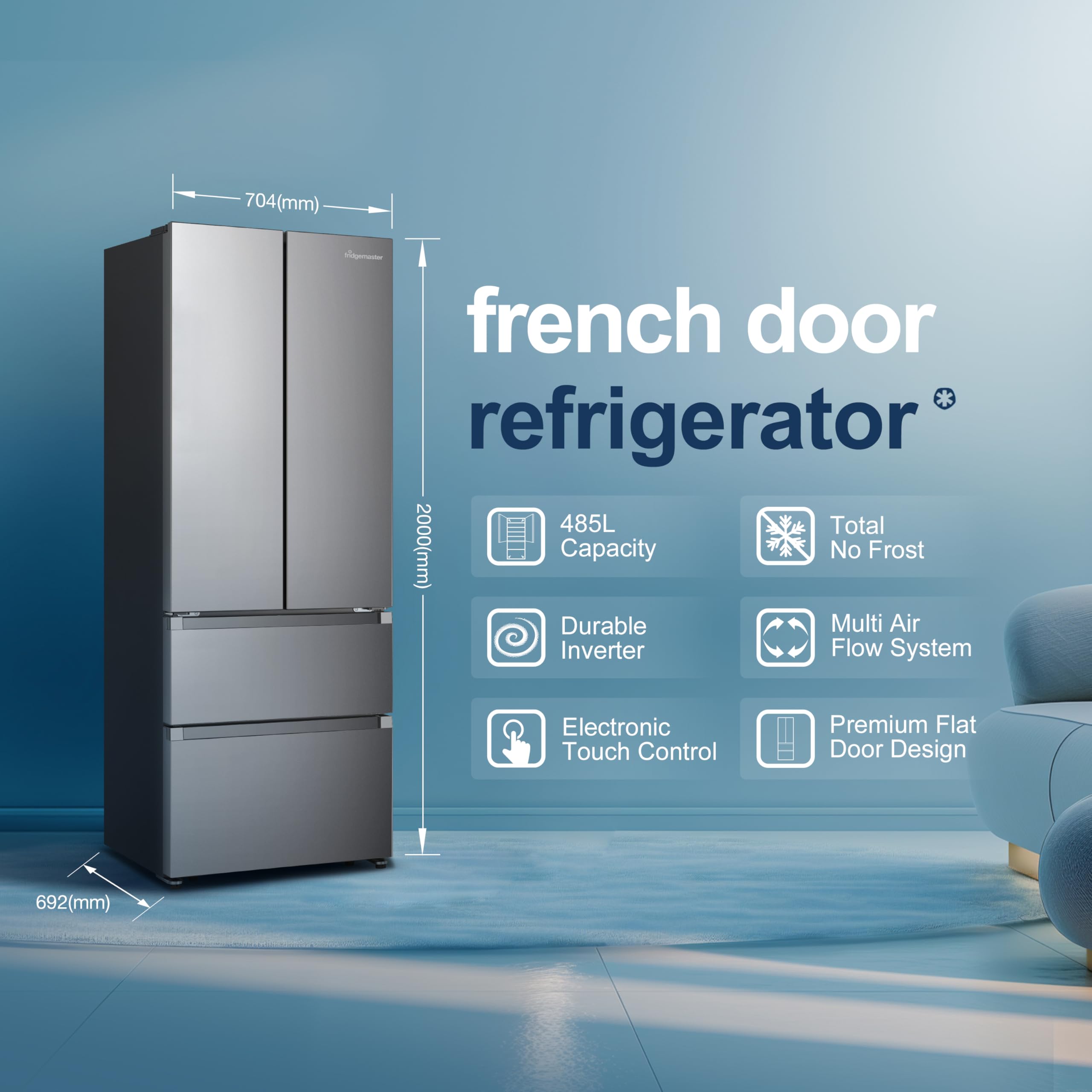 Fridgemaster MF70450ES French Door Fridge Freezer 485L, Total No Frost, Silver, 69.4D x 70.4W x 200H cm, E Rated - 2