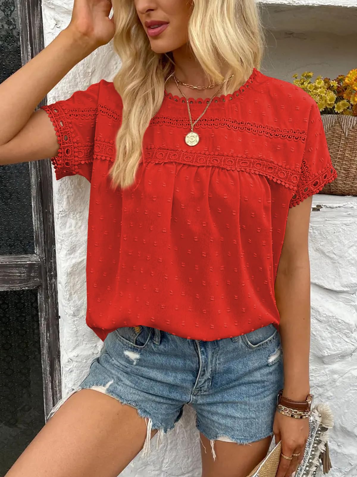 Poetsky Blusas de Verano de Manga Corta con Encaje de Ganchillo para Mujer, Estilo Babydoll, Elegante, Casual, para el Trabajo, Naranja Rojo, Small