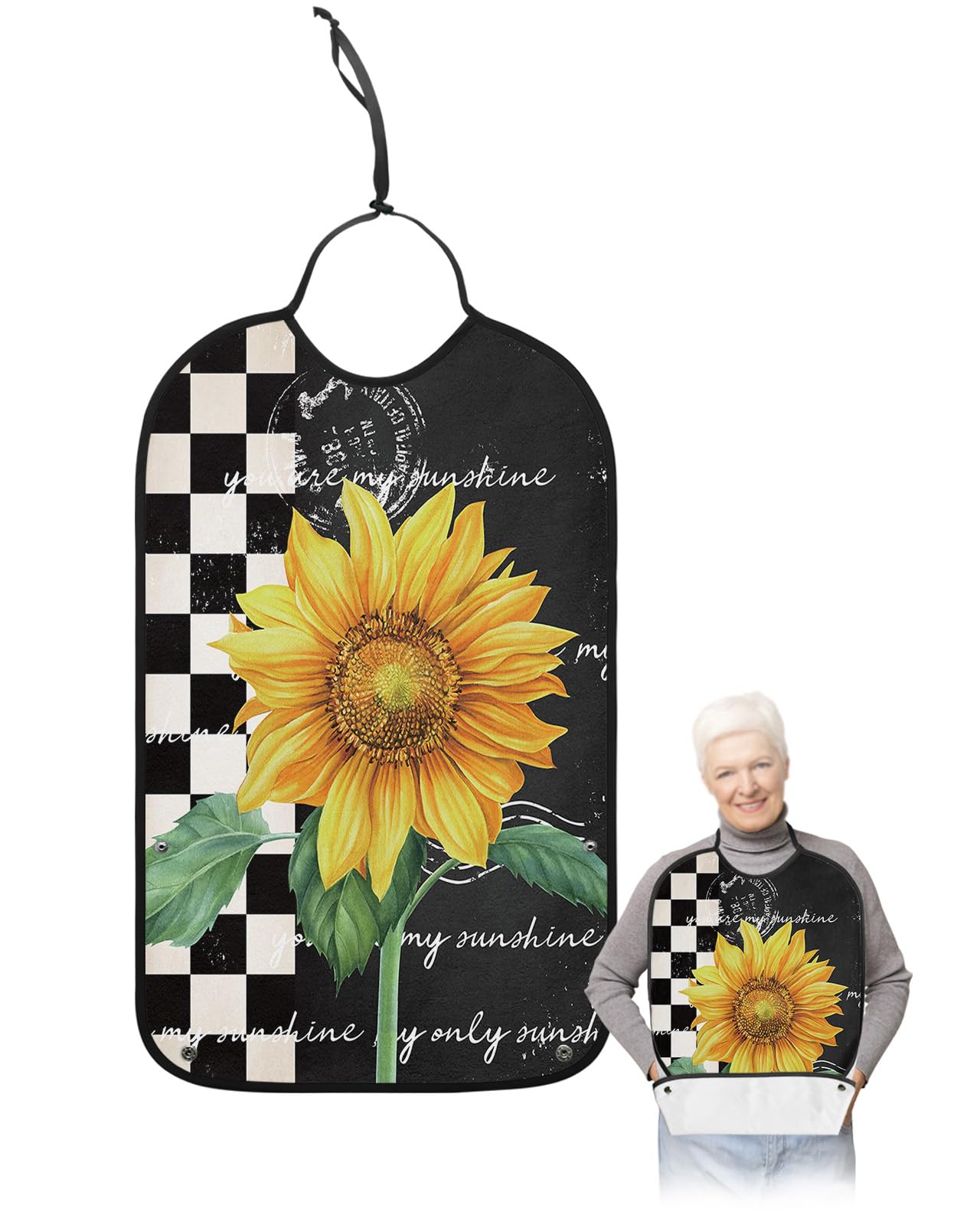 Summer Sunflower Adult Bibs for Eating, Waterproof Bibs with Food Catcher & Adjustable Snap Closure, Rustic Spring Floral Black White Plaid Clothing Protectors Adult Bibs for Elderly Women/Men