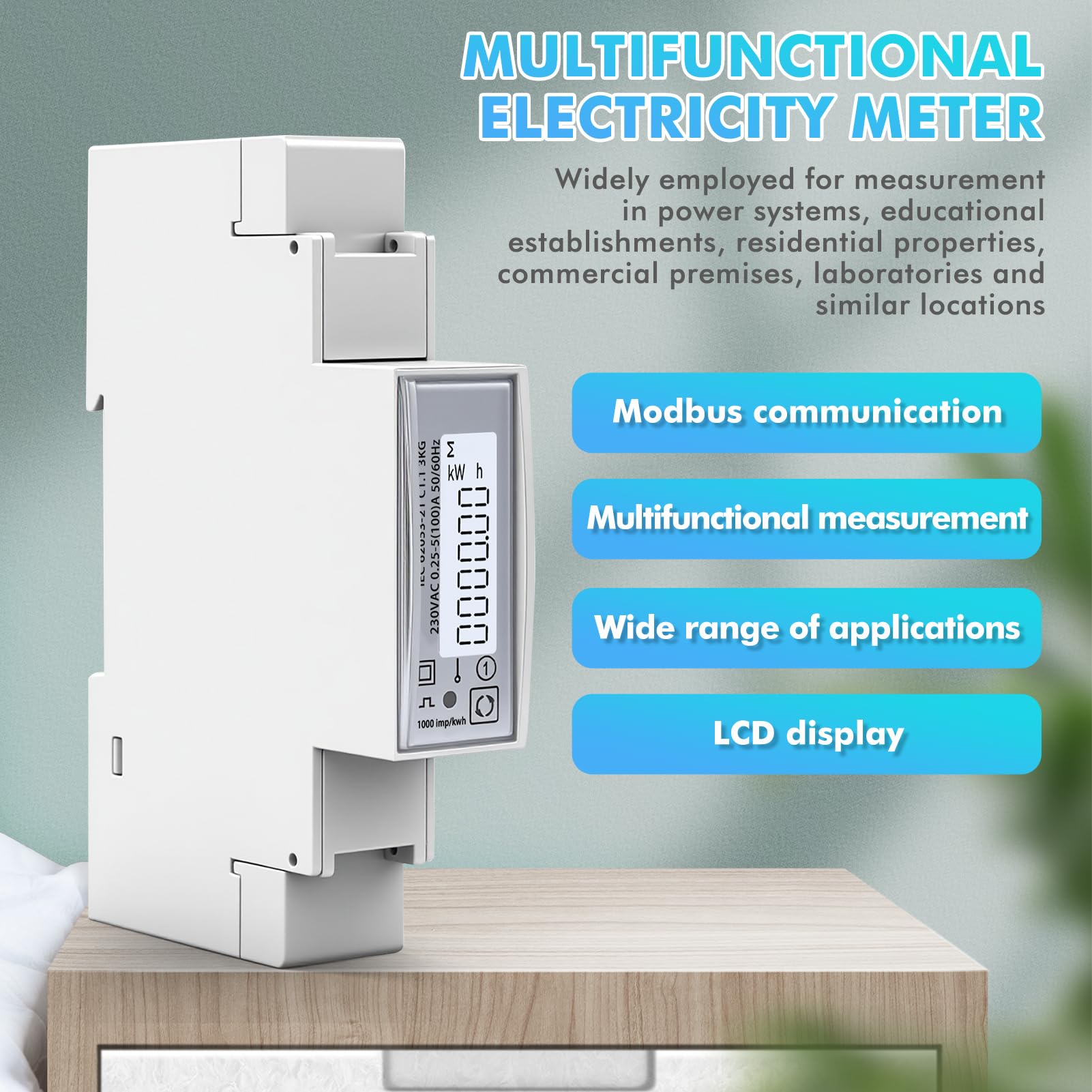 100A Contatore energia elettrica monofase energy meter 220V AC misurazione bidirezionale RS485 Modbus RTU tensione/corrente/potenza/fattore di potenza, display LCD, 1000 Imp/kWh.
