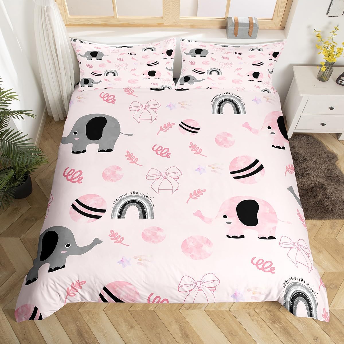 Cute Elephant Duvet Cover Set Toddler Size,Pink Bowknot Gray Rainbow Reversible Quilt Cover for Kids Boys Girls Lovely Animal Watercolor Bedding Set with 1 Pillowcase,No Comforter