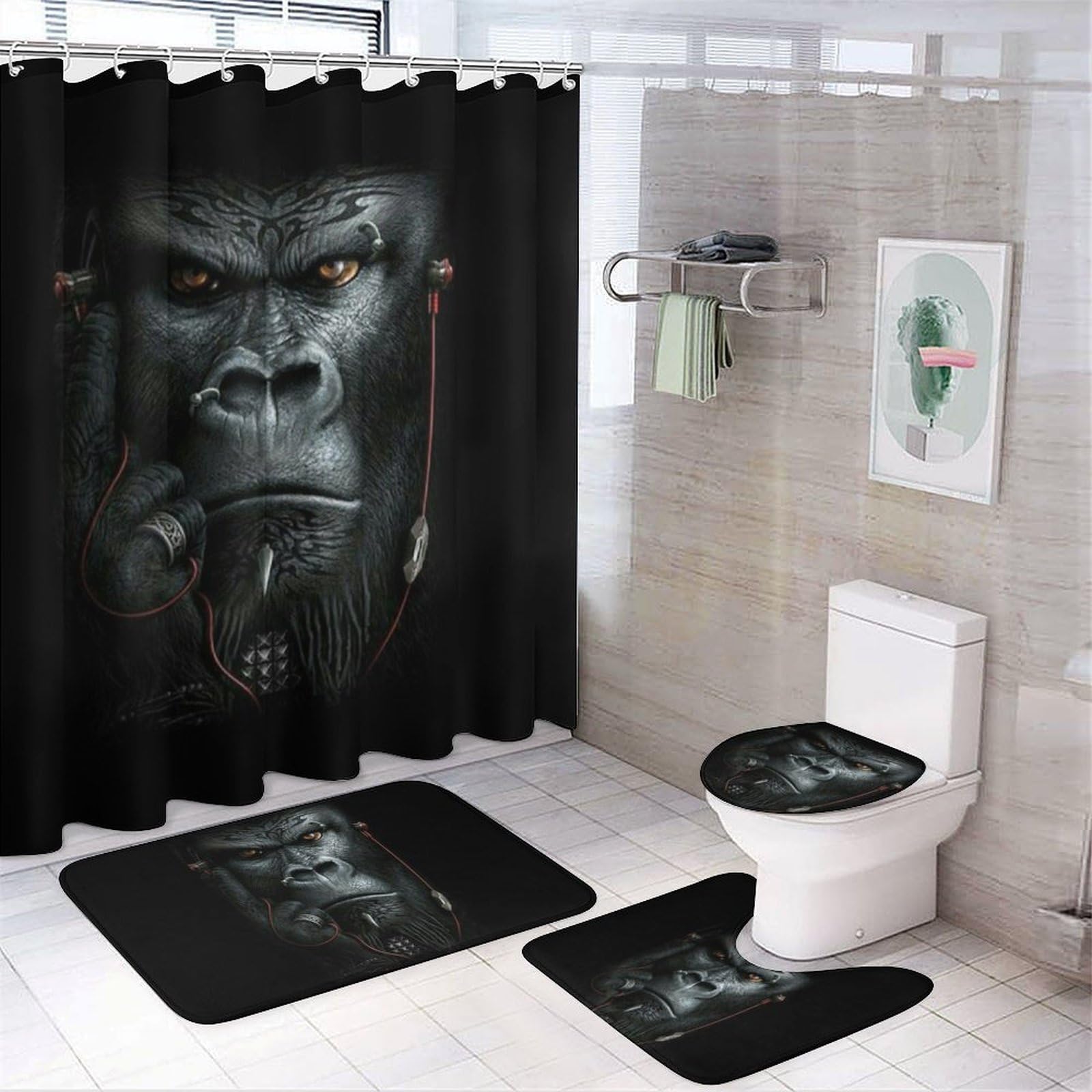Wlntrophic Bathroom Mat Set 4 Piece, Gorilla Shower Curtain with Non-Slip Bath Mats for Bathroom