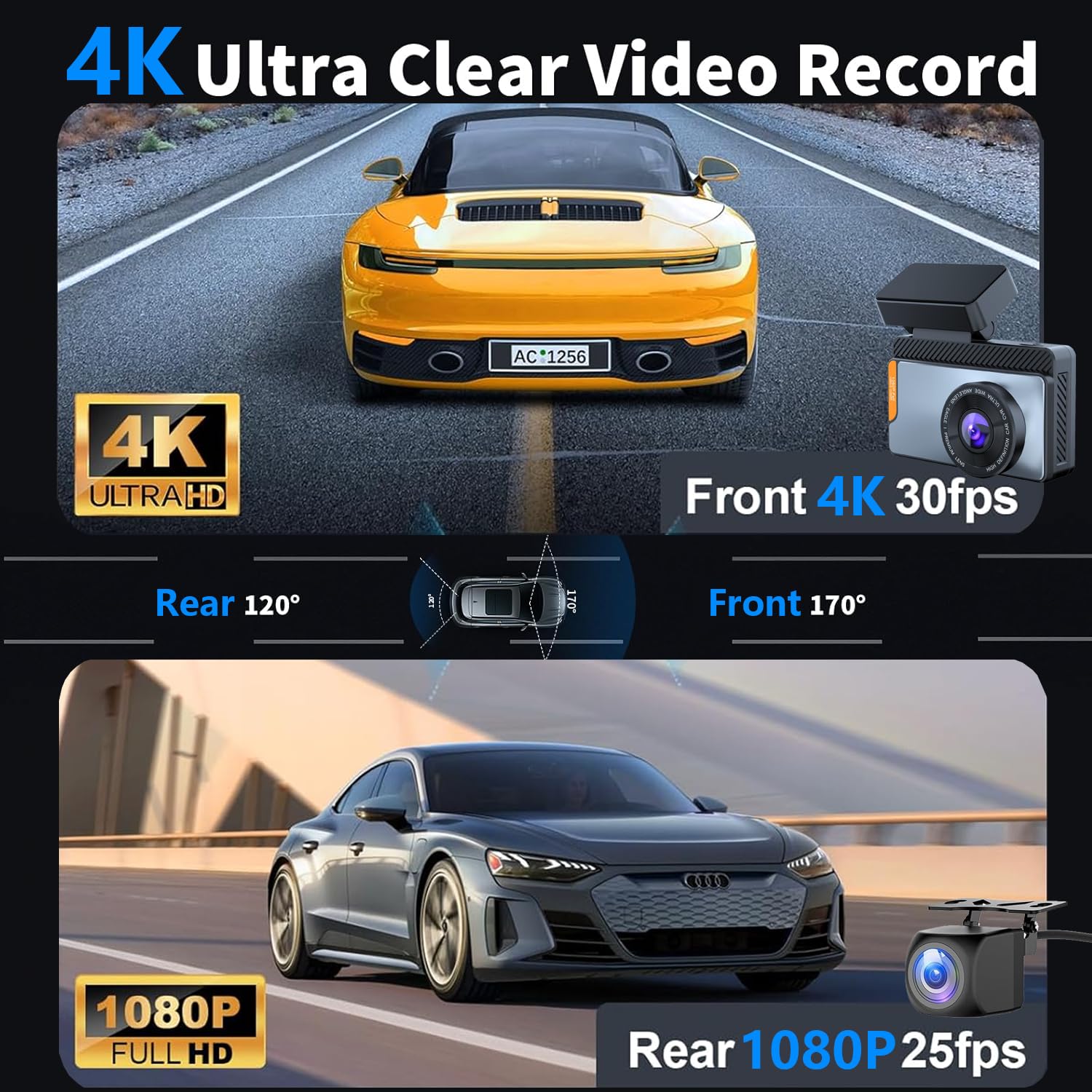 Kamera samochodowa WiFi 4K, 4K+1080P przednia i tylna