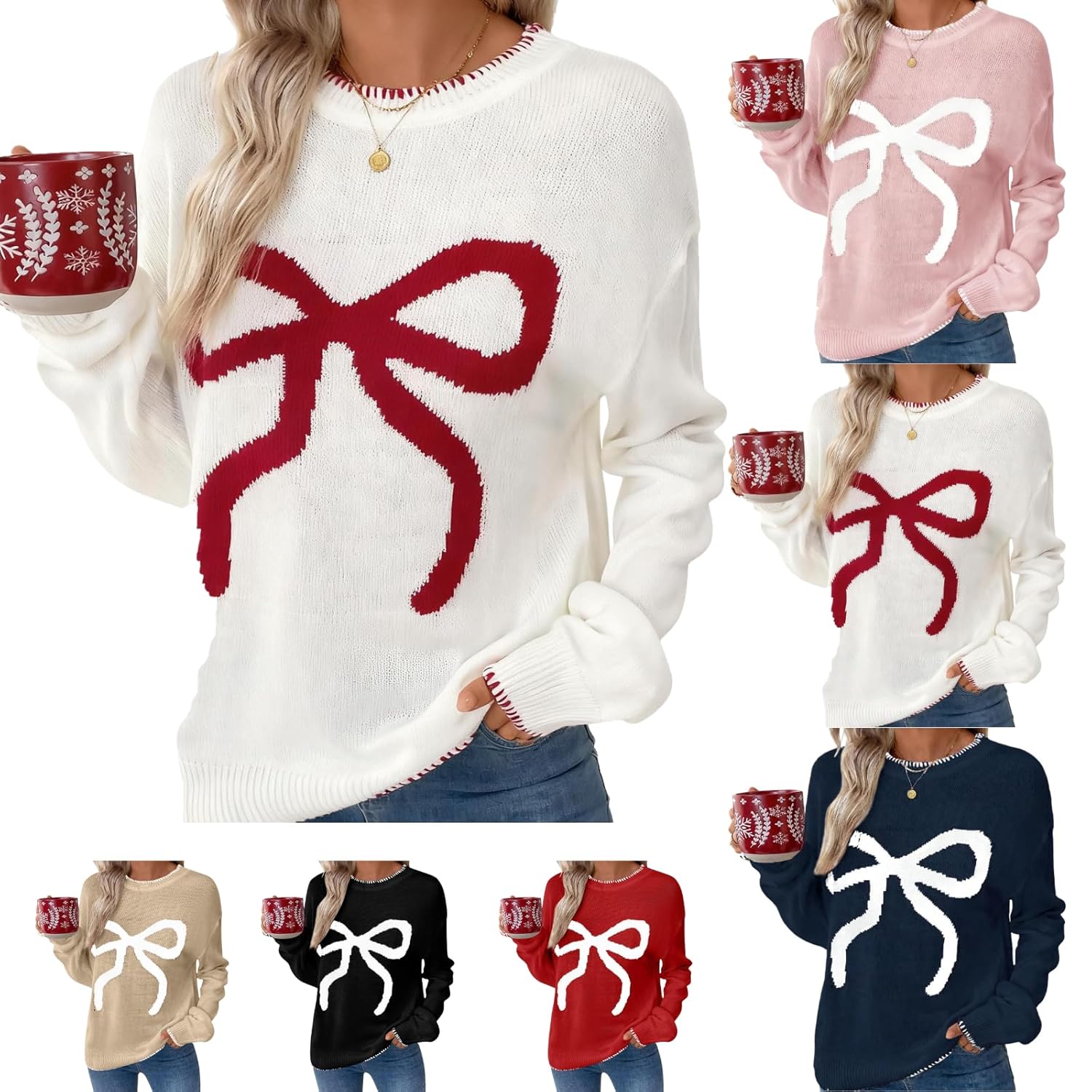 Womens Knitted Sweater Crew Neck Long Sleeve Pullover Casual Loose Fashionable Christmas Everyday Wear Jumper