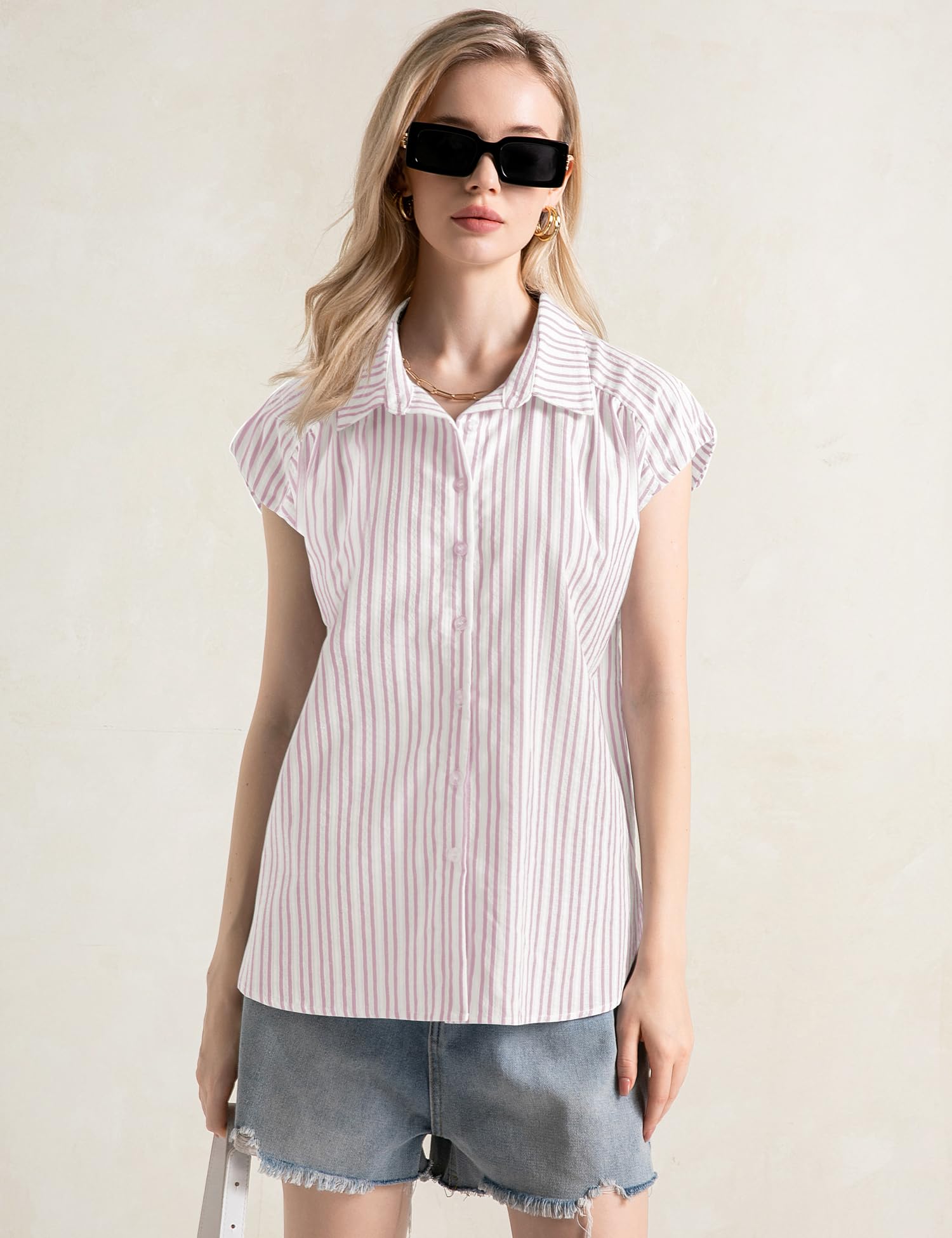 EFFAN Camicetta da donna Camicie in cotone Camicette con maniche ad aletta Camicette estive con scollo a V Camicetta da lavoro allentata da donna 2025