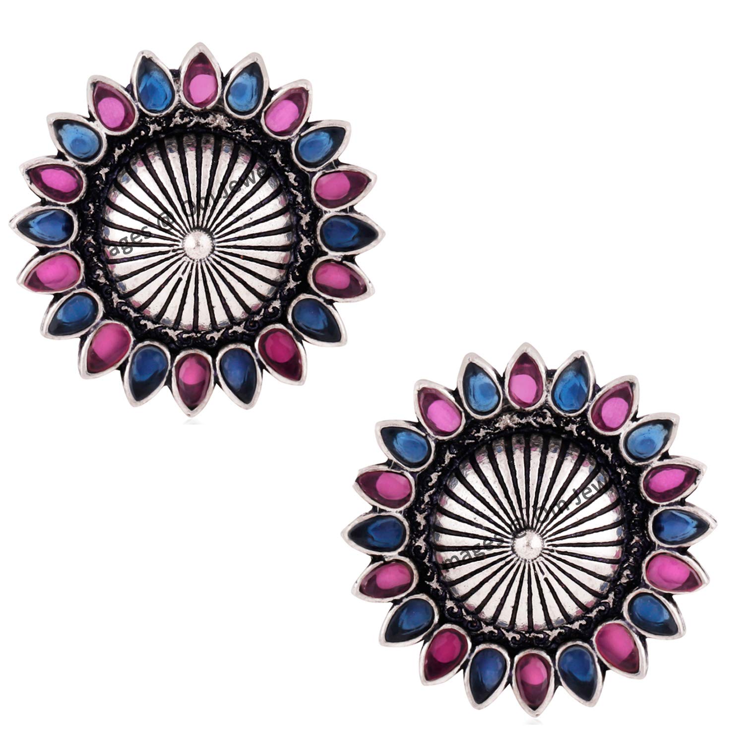Om Jewells Rhodium Oxidised Blooming Flower Style Tops Earrings Emblished With Blue Pink Kundan Stones For Girls And Women ER1000140 (B08L9RJWK7) Amazon Price History, Amazon Price Tracker