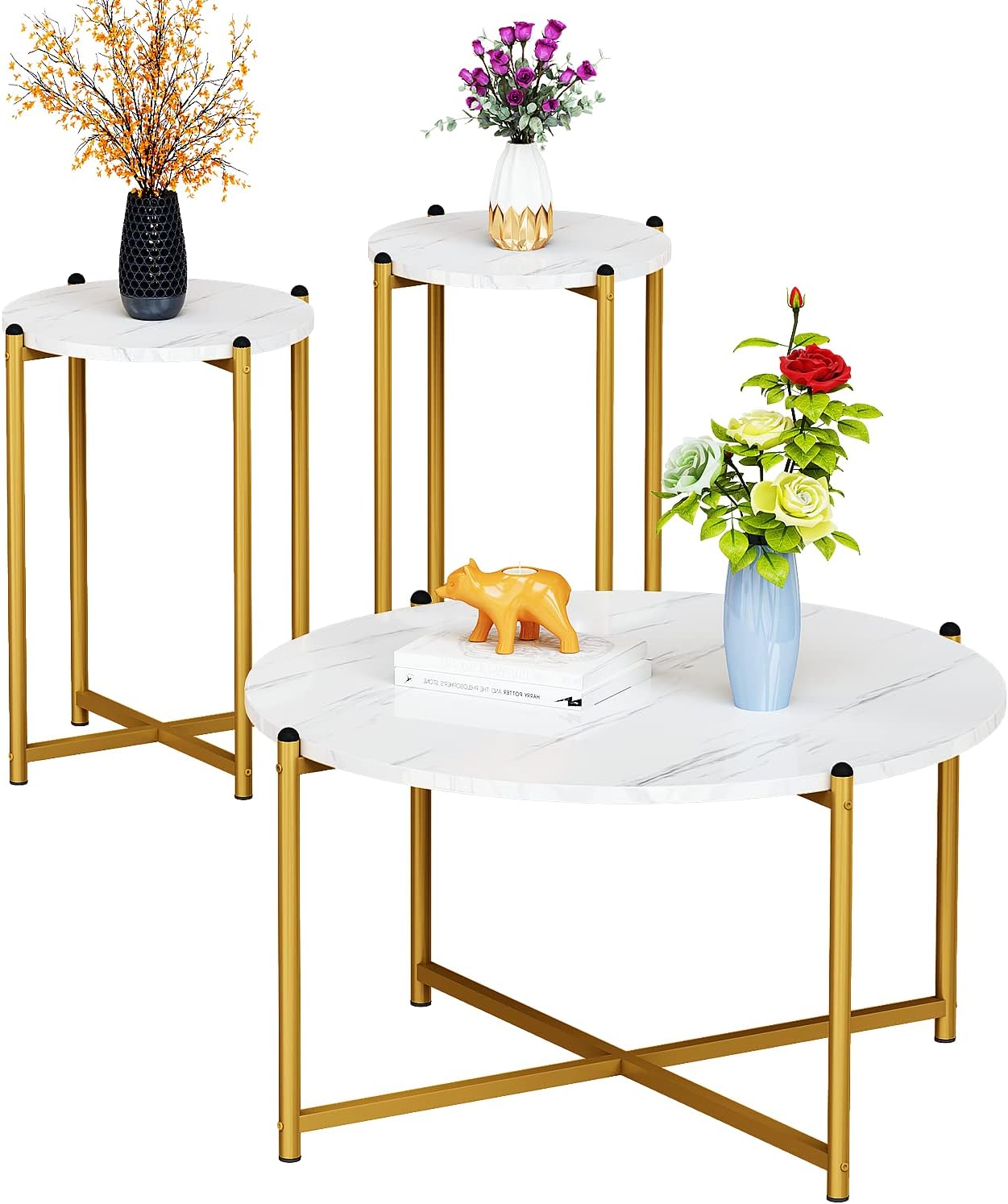 Recaceik Living Room Coffee Table Set, Faux Marble Living Room Table Set of 3 Modern Round Center Table with Metal Legs, Round Coffee Table & 2 End Tables for Living Room*