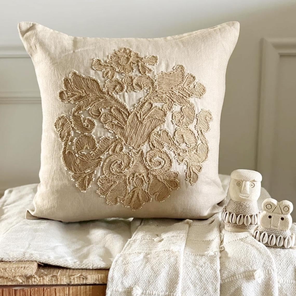 The HomeCentric Pillow Covers, Decorative Beige 16"x16" (40x40 cm) Pillow Covers, Linen Jute Embroidery & Pearl Throw Pillow Covers, Damask Pattern Modern Easter - Jutty Damask