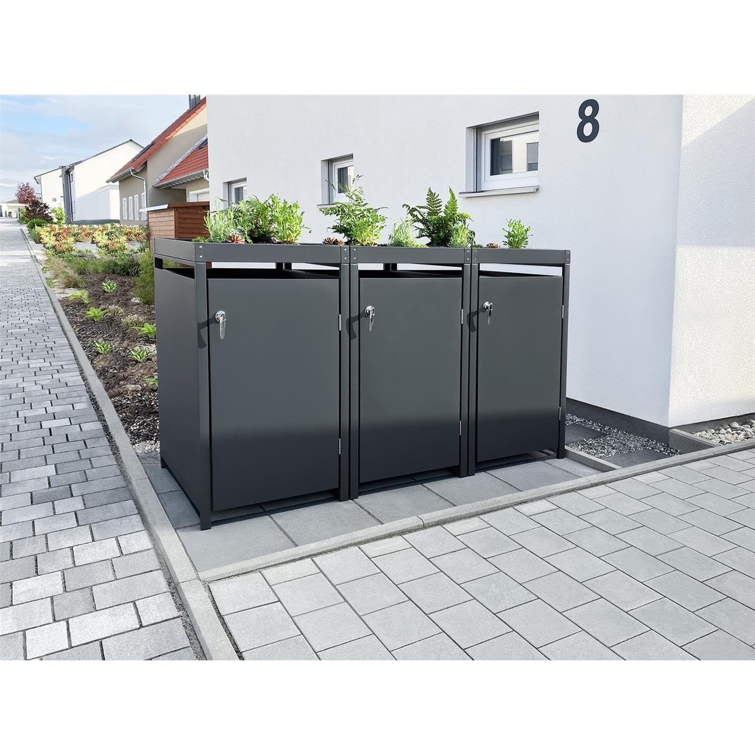 Metzler Mülltonnenbox in Anthrazit mit Pflanzdach 3er 240L, Mülltonnenverkleidung 3 Tonnen, witterungsbeständiger und pulverbeschichteter Stahl mit Automatikdeckel, abschließbar, Garten- und Müllbox