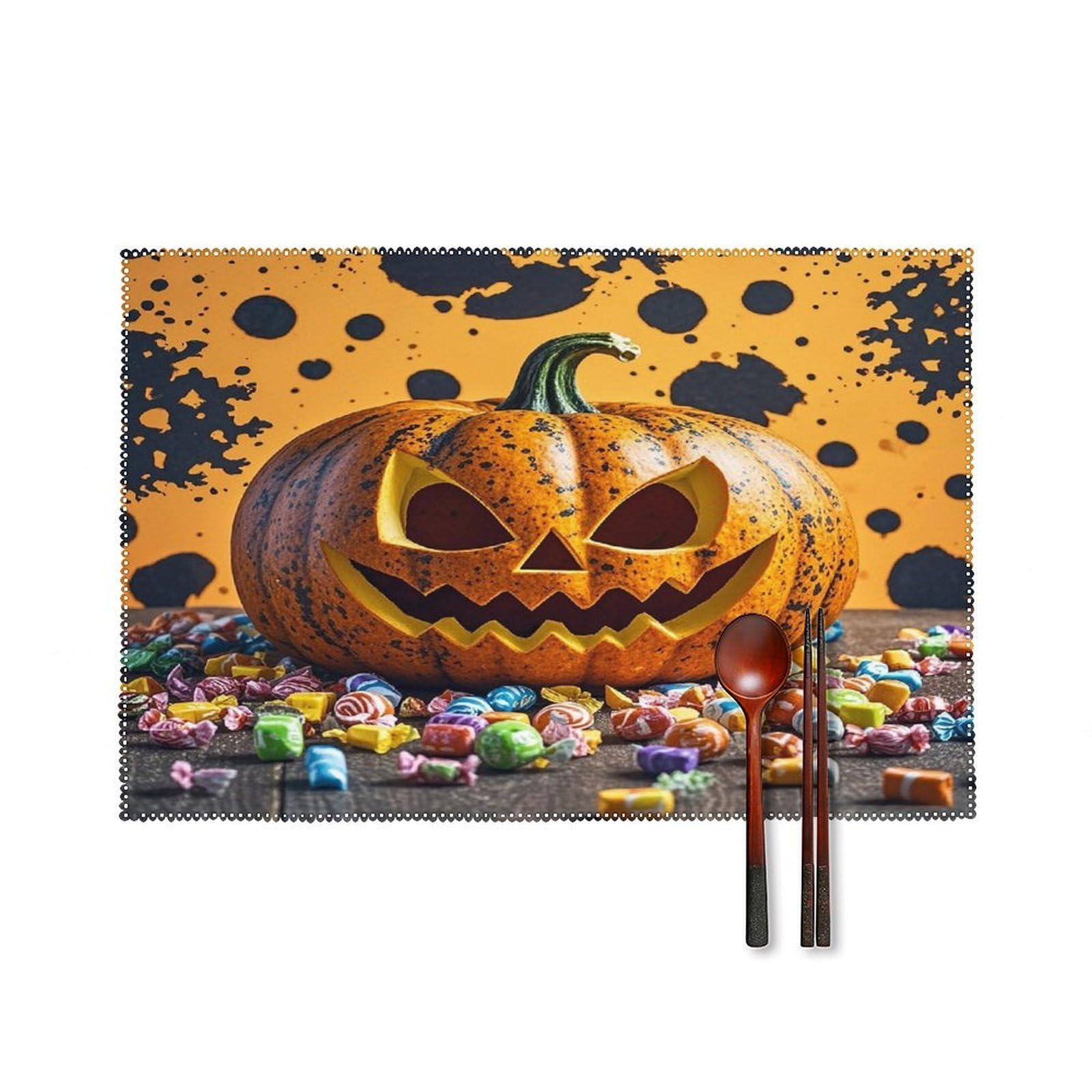 Pumpkins and Candies Placemats Set of 6 Heat-Resistant Washable Place Mats Wipeable Kitchen Placemat Easy to Clean for Indoor Outdoor Party Kitchen Decoration