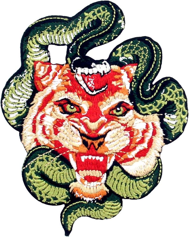 The Roaring Tiger and Snake Patch Embroidered Applique Badge Iron On Sew On Emblem