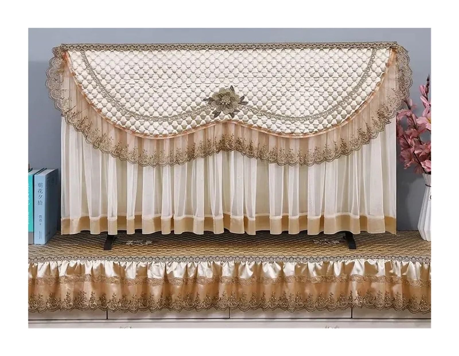 tv abdeckung outdoor tv cover TV-Staubschutz für den Schreibtisch, Wandmontage, für LCD-Fernseher, Stoff, Haushalt, minimalistische Spitze, gebogen, staubdichter Stoffbezug(Beige,115 x Height 75cm)