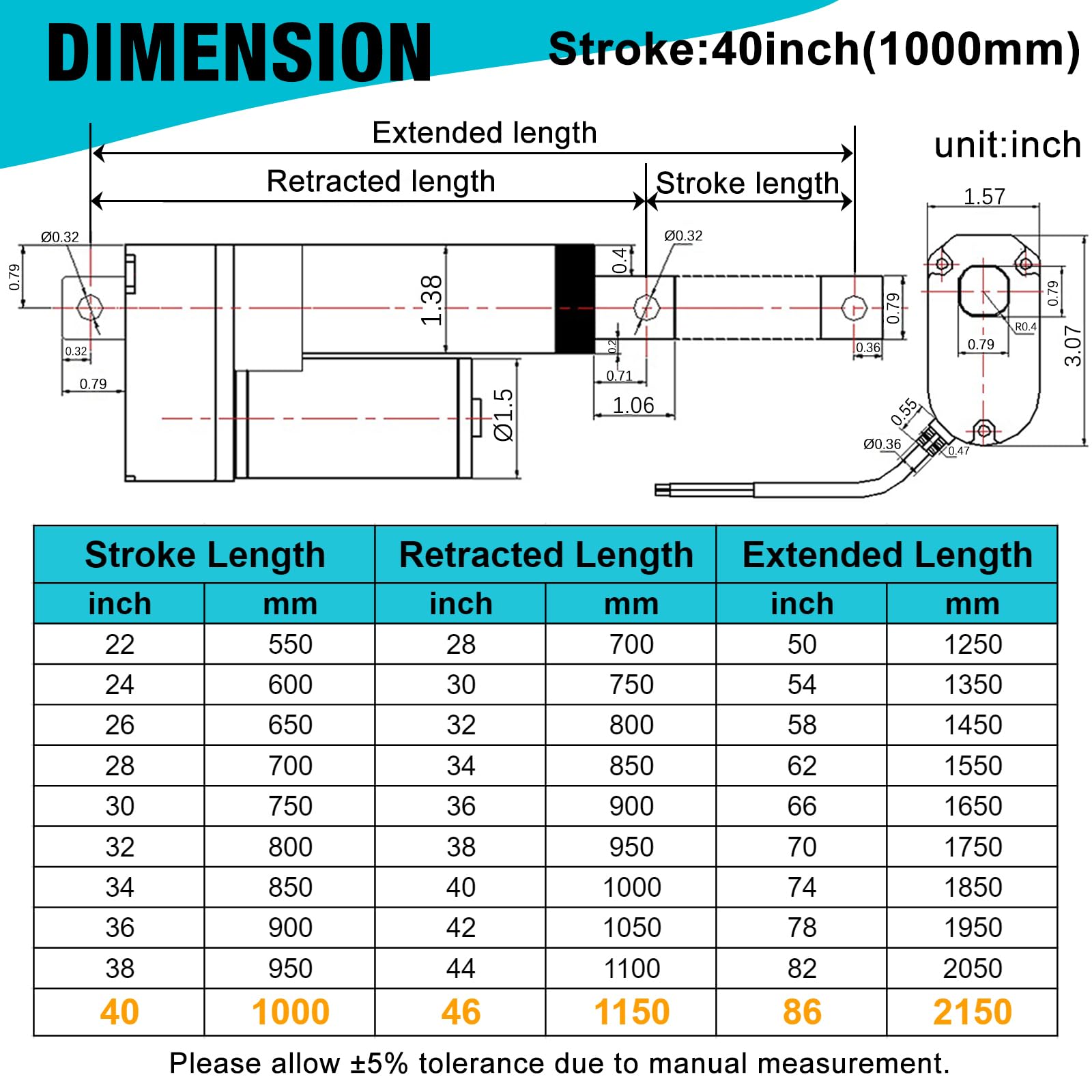 JQDML 40 Inch Stroke High Speed Linear Actuator 12V 88 lbs IP65 Waterproof — Amazon image 2