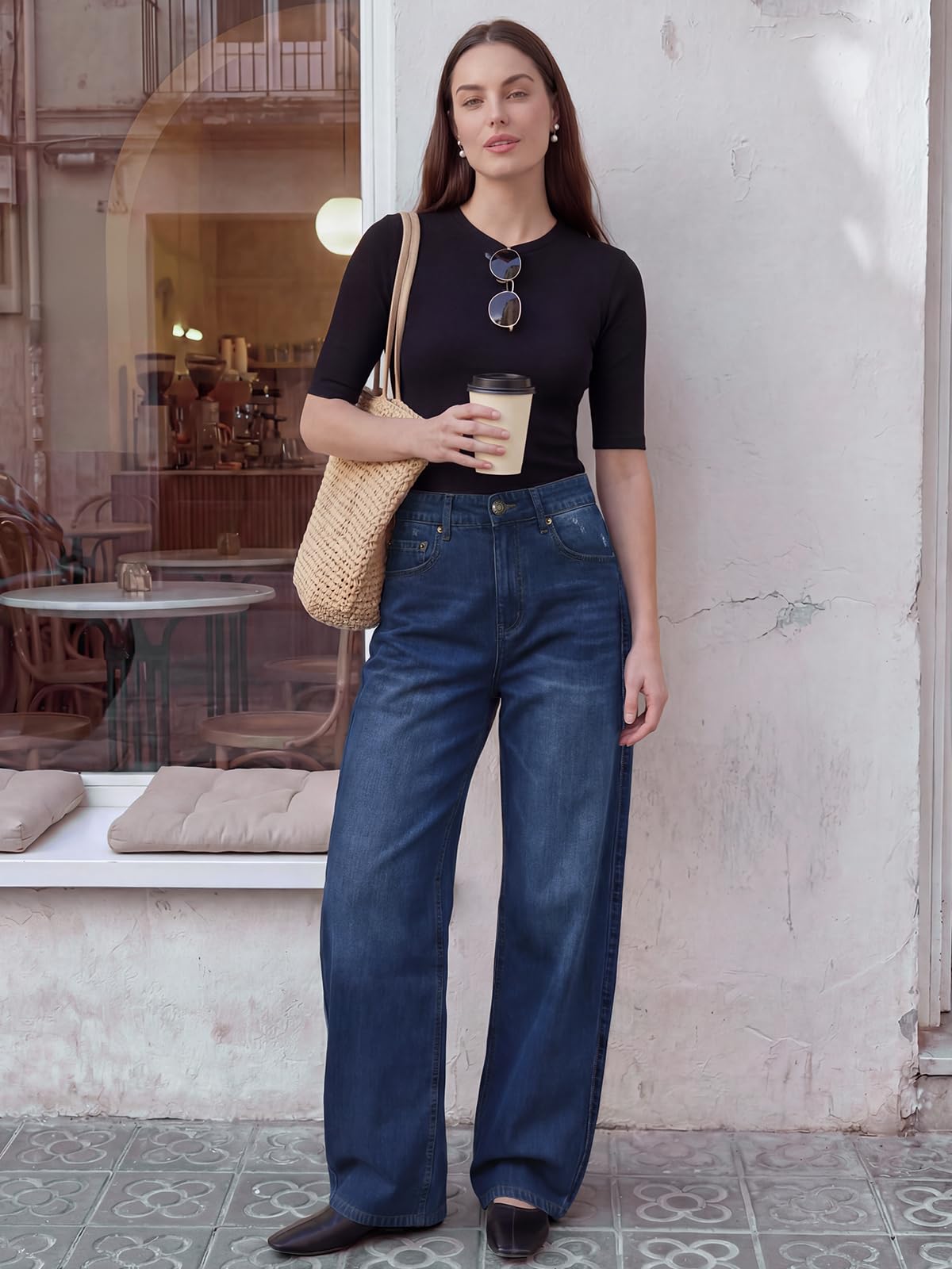 Jean Femme,Baggy Jeans Taille Haute et Jambes Large,Vintage Wide Leg Fit Stretch Boyfriend Pantalon en Denim