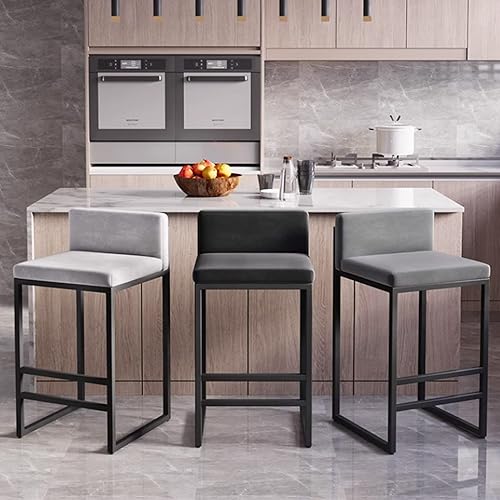 Miniatura 5 de Juego de 12 taburetes de bar, sillas de bar tapizadas de terciopelo con reposapiés, taburetes de encimera de cocina, marco de hierro de metal negro