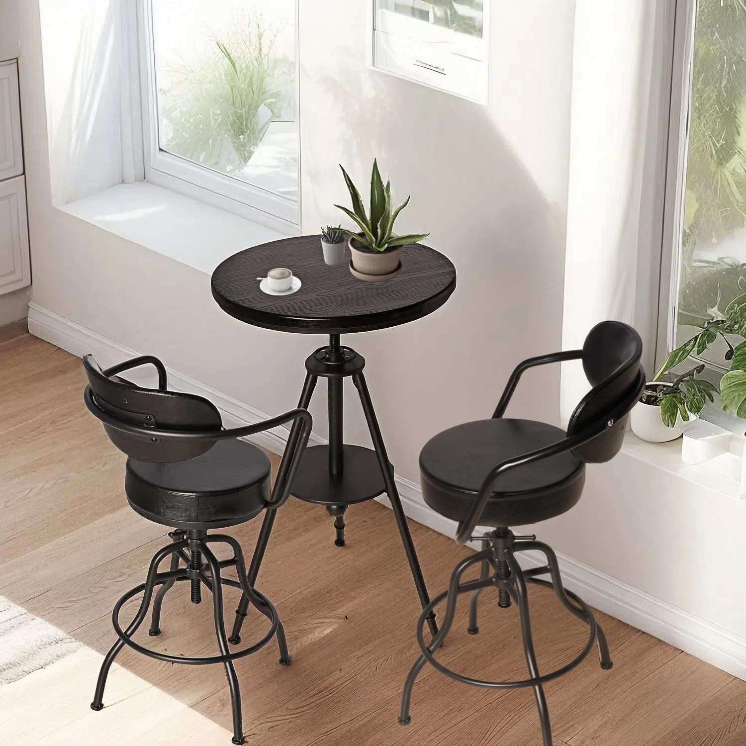 Diwhy 3 Piece Pub Table and Chairs Set, Industrial Round Wood Adjustable Heiht 37.5" - 41.5" Bar Table, 21.65" - 26" PU Upholstered Stools Set of 2, with Armrest, Backrest, for Kitchen, Balcony, Black