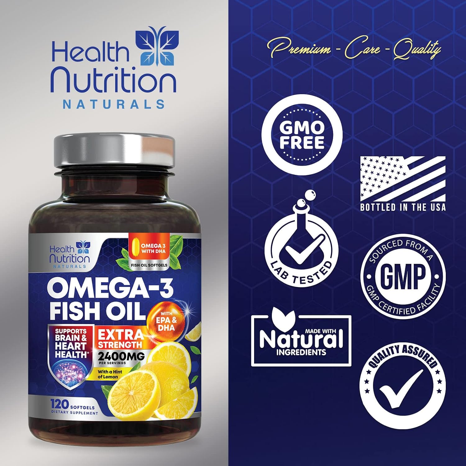 Fish Oil 2400 mg with Omega 3 EPA & DHA - Triple Strength Omega 3 Supplement - Omega 3 Fish Oil Supports Heart Health Natural's Brain & Immune Support - Non-GMO Fish Oil Supplements - 120 Softgels