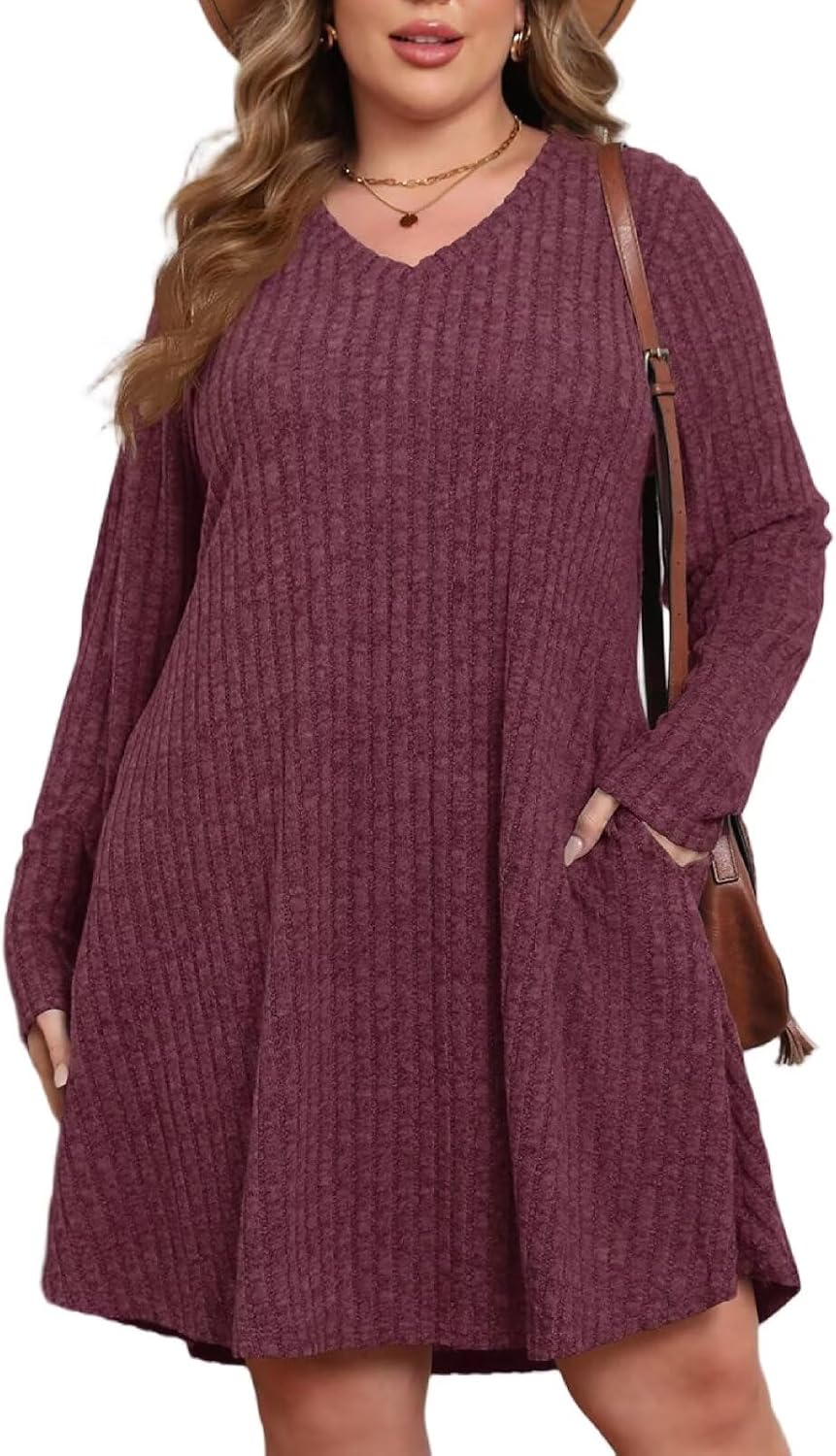 BELAROI Plus Size Sweater Dress for Women Tshirt Fall Dresses Winter V Neck Long Sleeve Pockets Casual Party Loose Fit