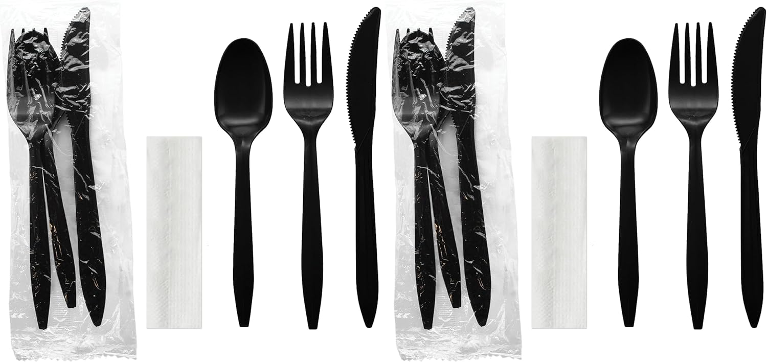 Party Essentials Individually Wrapped Plastic Cutlery Packets/Silverware Kits, Black Fork/Spoon/Knife/Napkin, 100 Sets (Pack of 2)