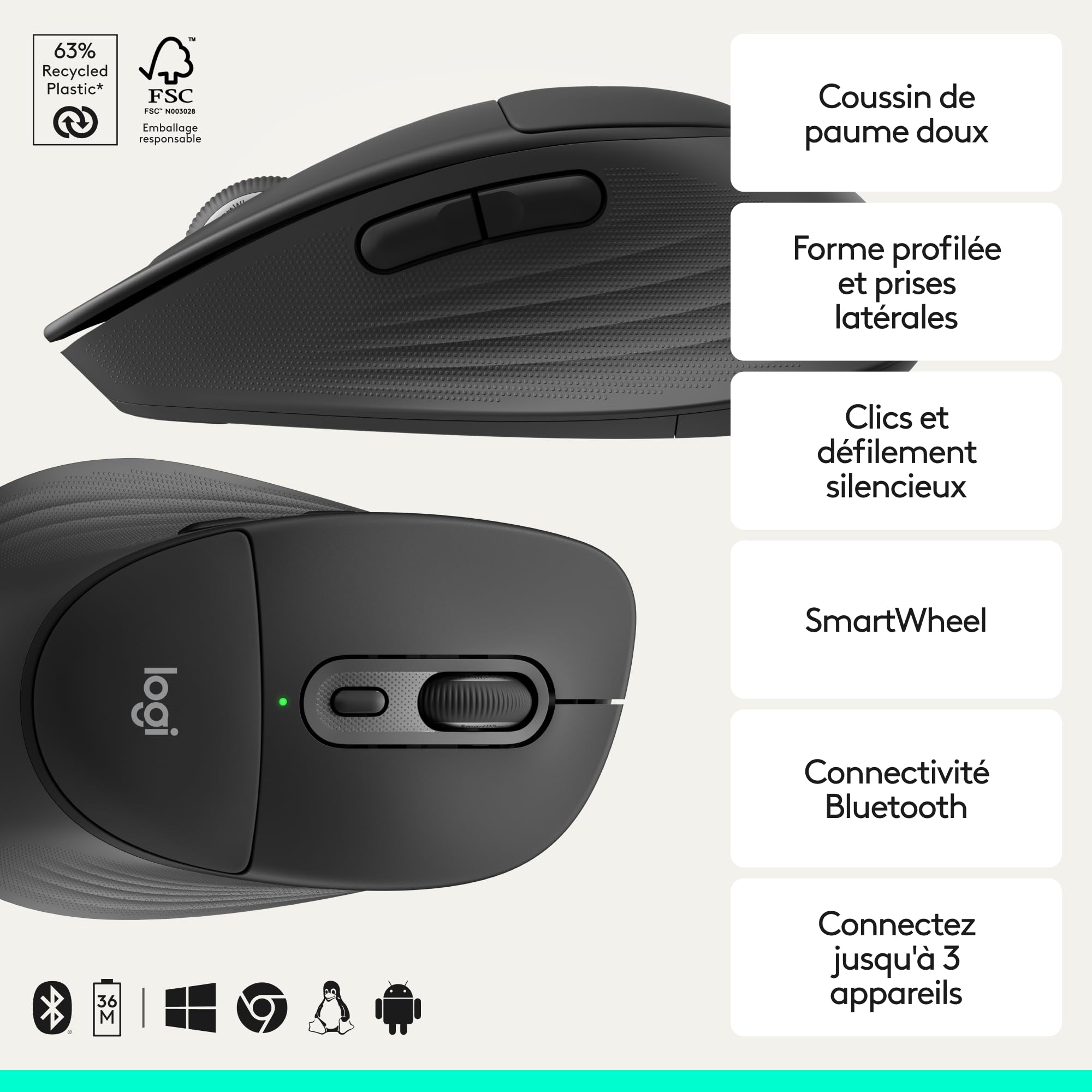 Logitech Signature Comfort Plus M850 L, Souris sans Fil, Souris Bluetooth avec Coussin de Paume, clics Silencieux, Batterie 24 Mois, Boutons Personnalisables, pour Windows, Mac, iPad - Noir