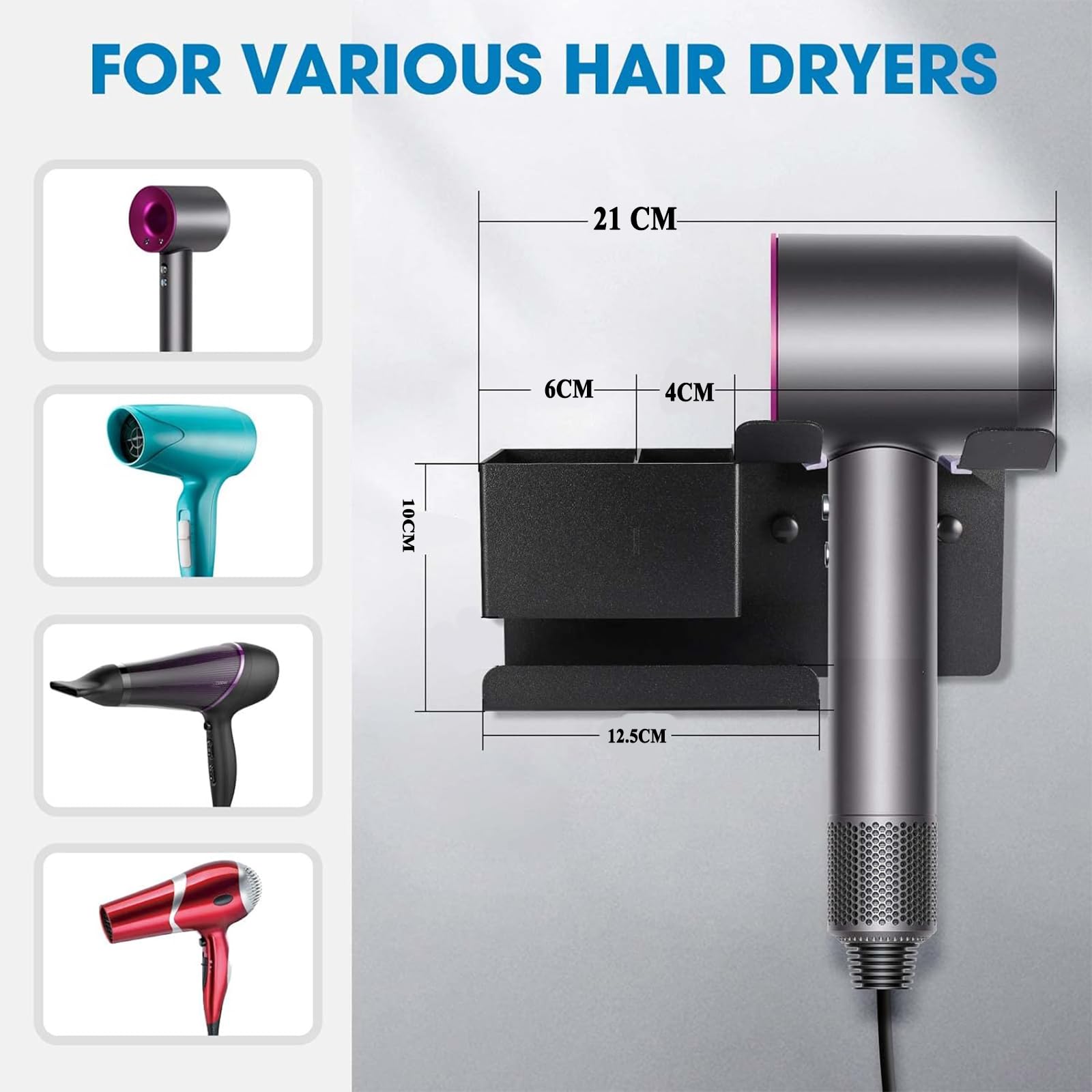 Support Mural Pour Sèche-cheveux, Sans Perçage, Rangement Pour Salle De Bain Avec Rangement Abs Et Gestion Des Cables Ideal Pour Salle 97852827