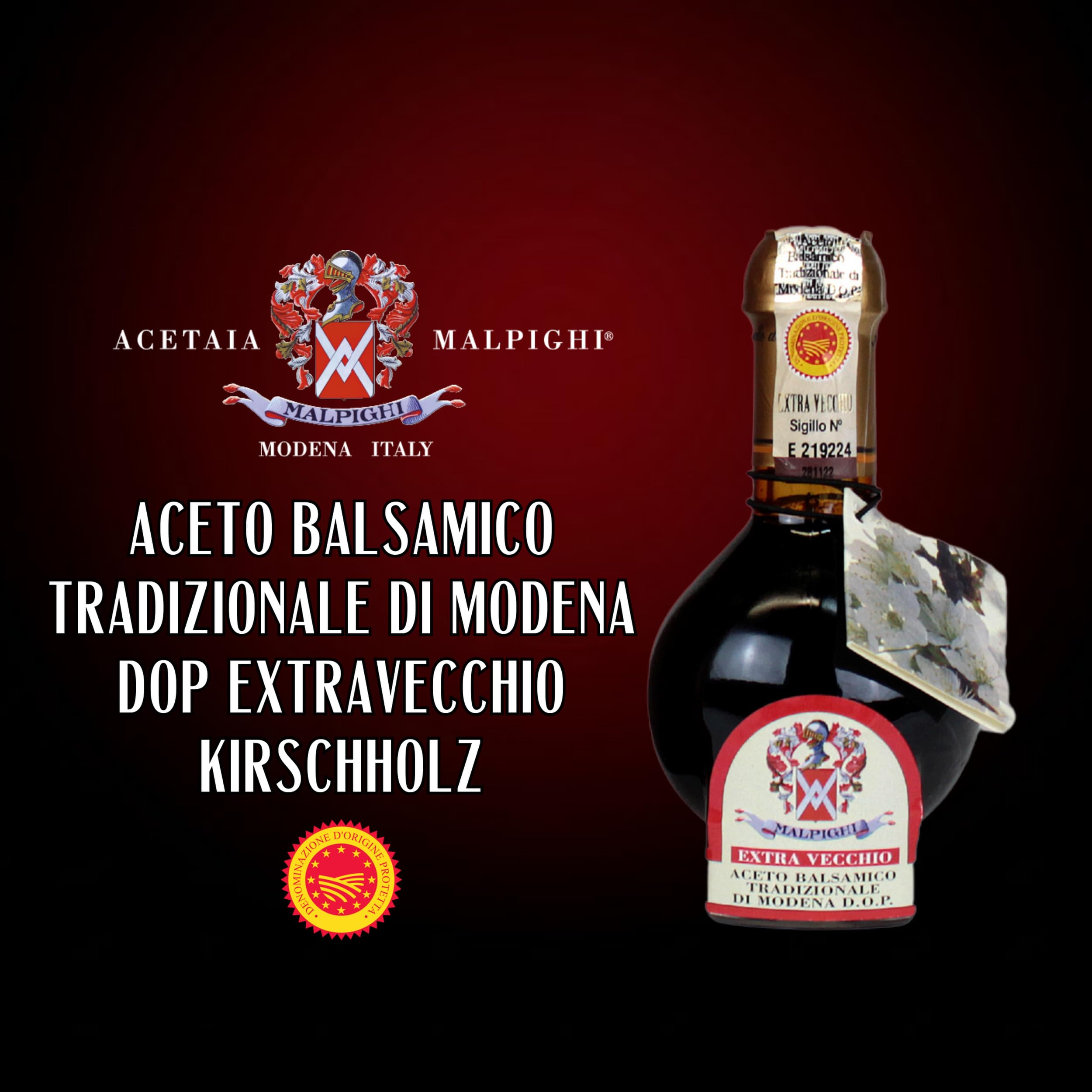 Acetaia Malpighi – Traditioneller Balsamico aus Modena DOP Extravecchio im Kirschholzfass – 100 ml – Nur gekochter Most – mit Rezeptbuch und Dosierverschluss