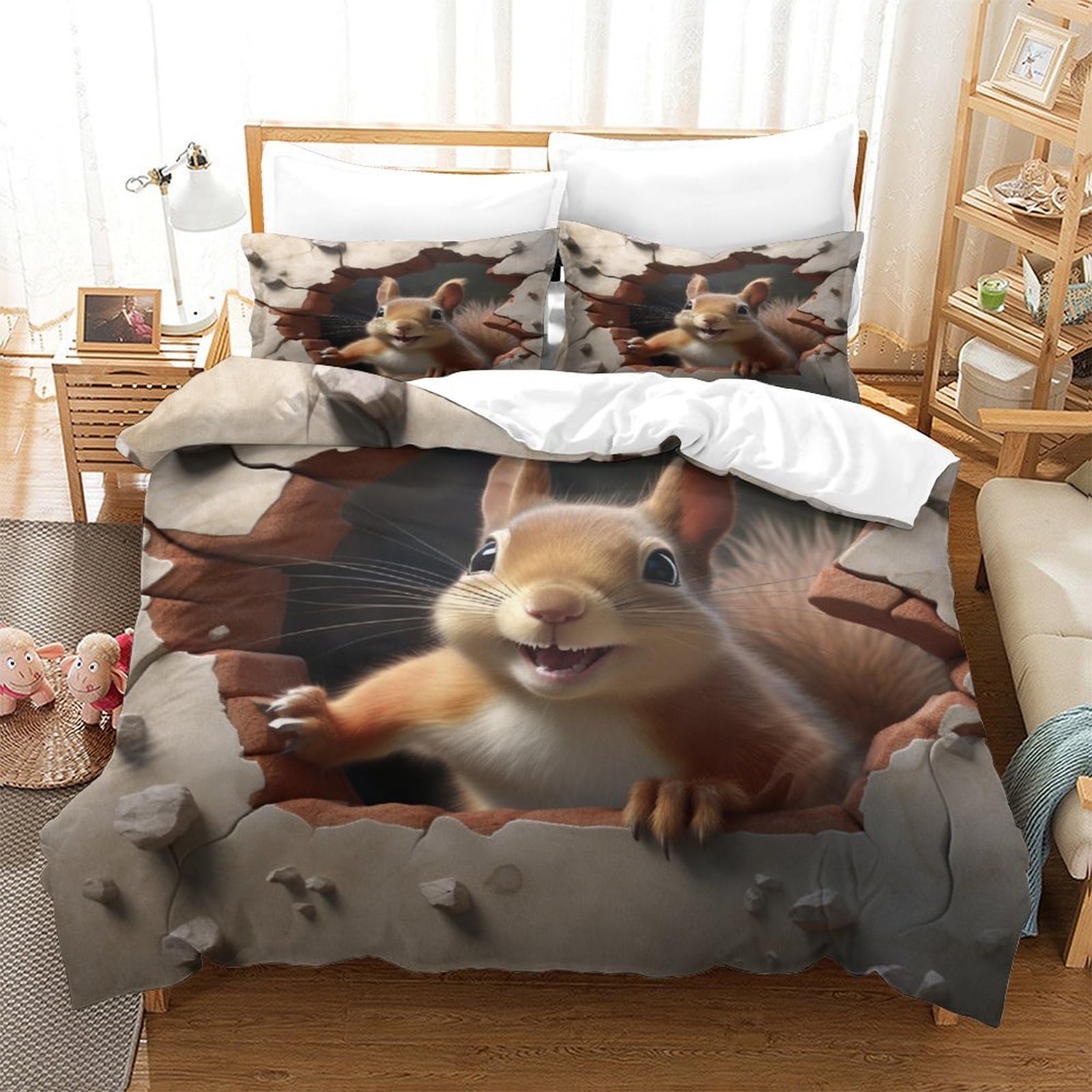 P1S9U7W5Y Adorable Squirrel Animal 3D Printed Microfiber 3 Pieces Duvet Cover Set for Adults Bedroom Decor Squirrel Bedding Set King（220x240cm）