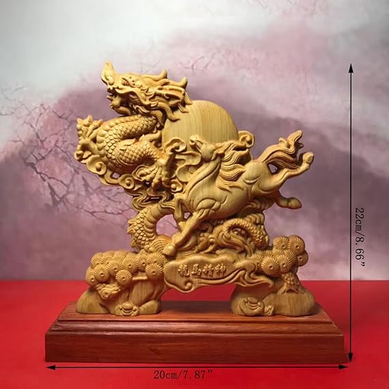 Dragon Horse Spirit Statue Ornament Home Office Decor,Solid Wood Dragon Horse Figurines for Struggler,Feng Shui Decorative Sculpture for Gift