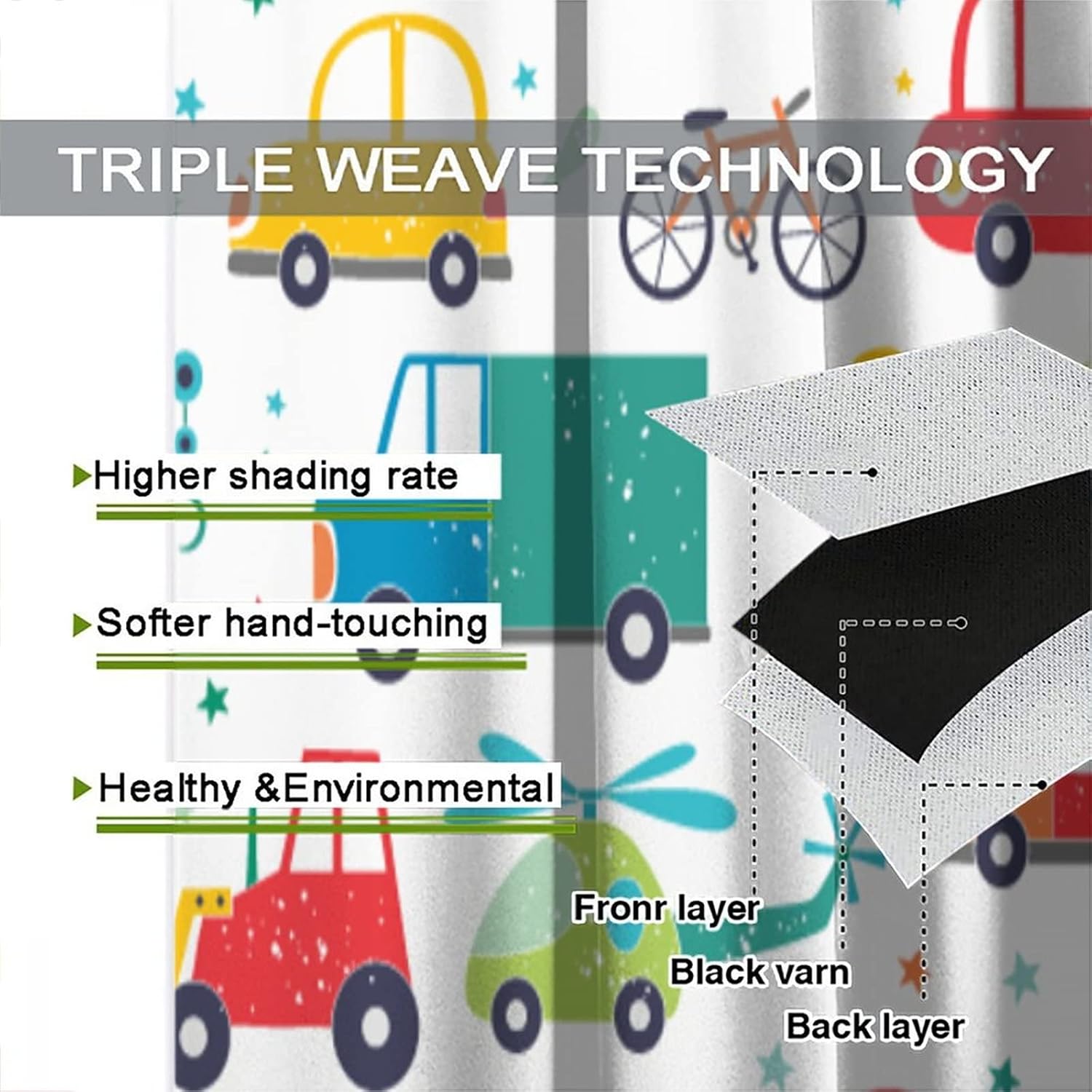 Cartoon Cars Print Blackout Curtains, Cute Shovel Trucks Transport Pattern Theme Home Fabric Kids Boys Girls Baby Bedroom Living Room Decor W42xL63in