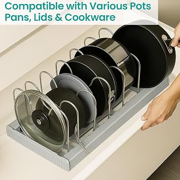 Expandable Pan Lid Organiser Rack 7 Adjustable Dividers, Anti-slip Pantry Cupboard Organiser Kitchen Drawer Bakeware Plate Holders for Pots, Pans, Chopping Board, Saucepan, Baking Trays (7 Tier)