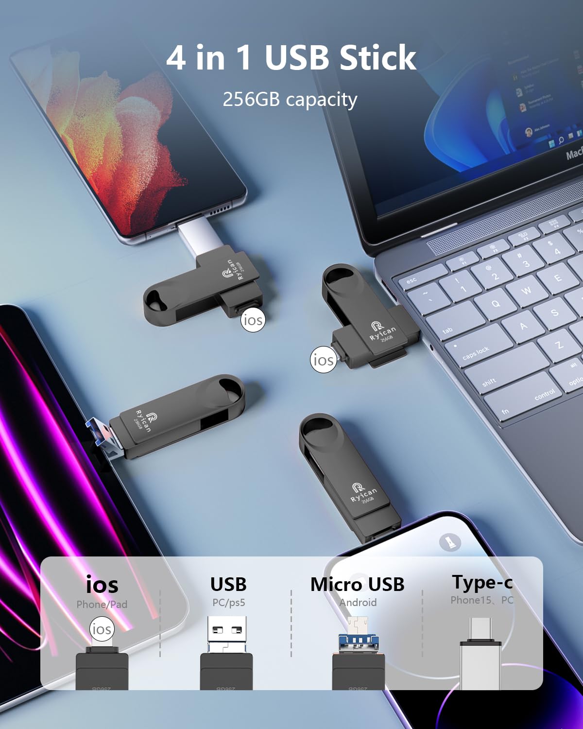 [Senza APP] Chiavetta USB per lPhone,Ryican 256GB Memoria Esterna Pendrive USB C 3.0 Chiavetta per lPhone per scaricare foto 4 in 1 Photostick per iOS/Smartphone/Pad/Android/PC/Tablet,Nero