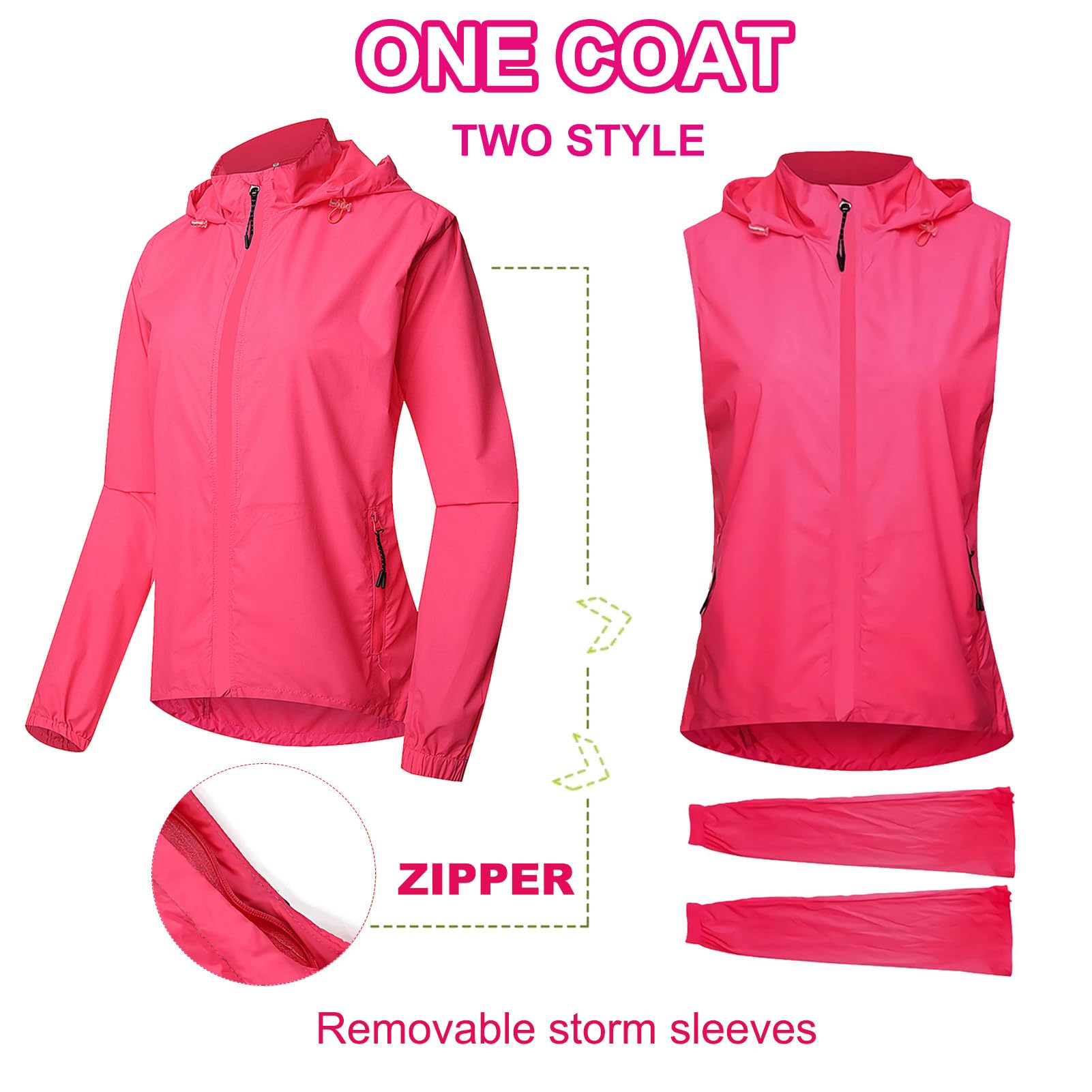 Fractilian Chaqueta de Ciclismo para Mujer Impermeable Transpirable con Capucha Cortavientos 2 en 1 Protección UV Chaleco de Bici Reflectante con Mangas Extraíbles