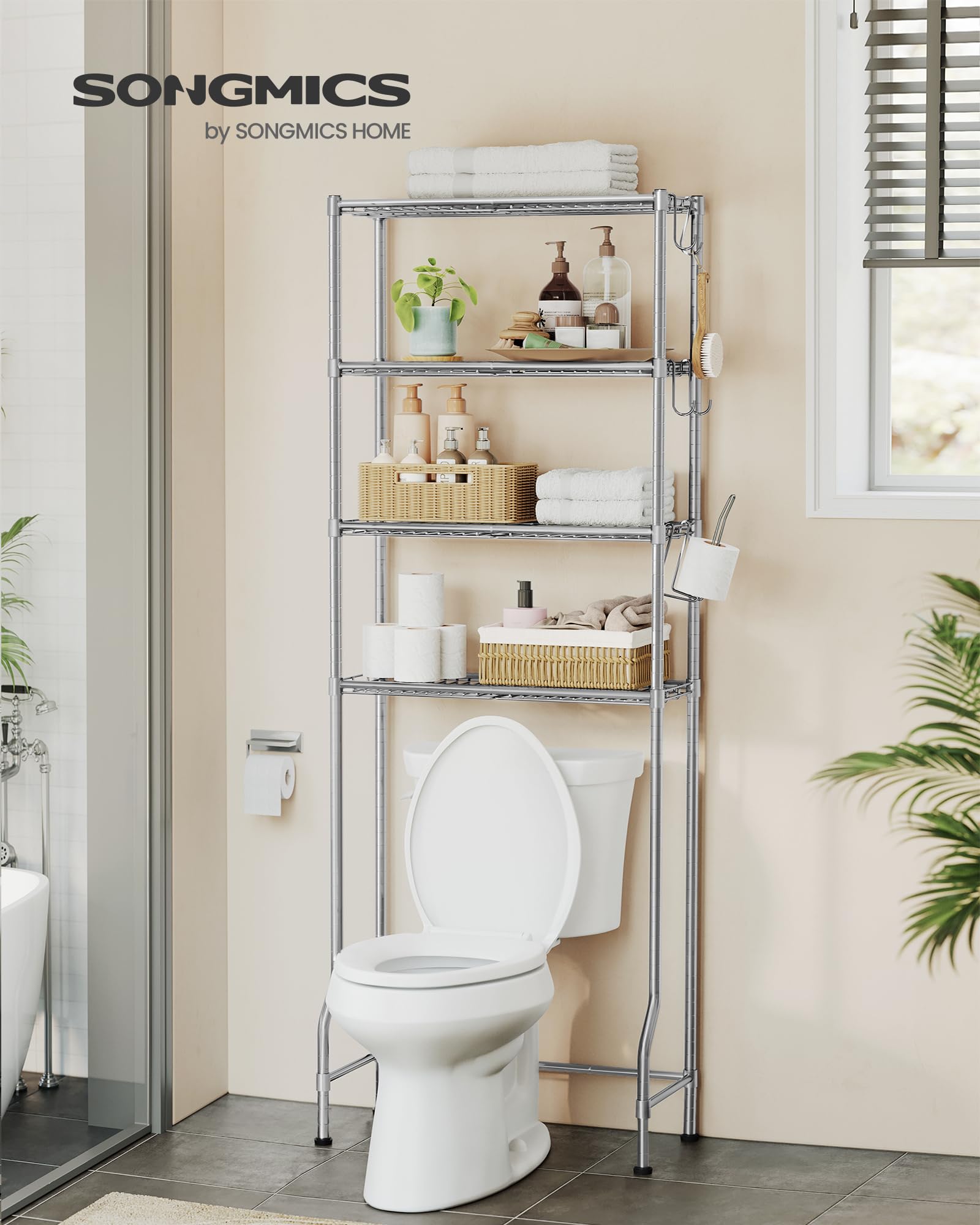 SONGMICS Estantería de Inodoro de 4 Estantes, de Metal | Estantes Ajustables, con 4 Ganchos y Portarrollos, para el Baño, 30 x 63 x 176 cm, Gris Paloma, Colección DALTEN BTS013G01
