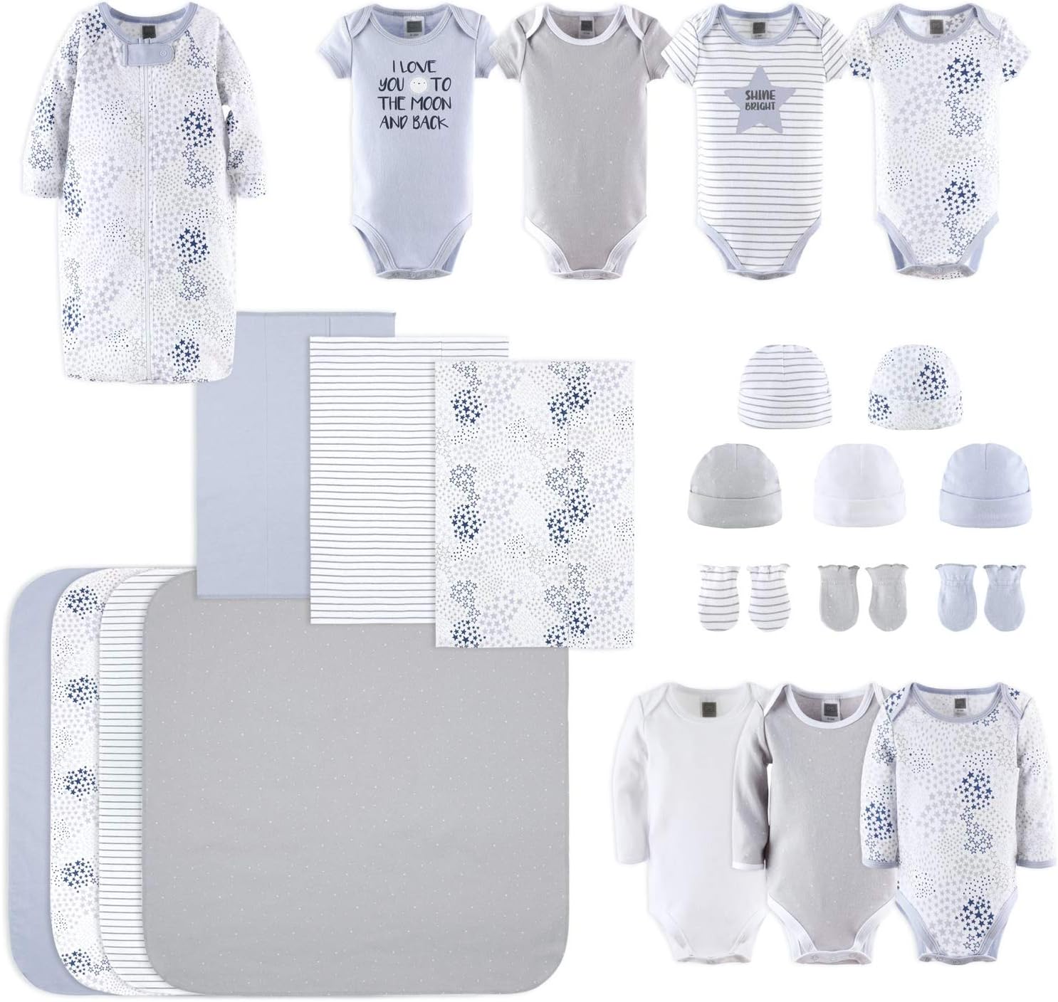 The Peanutshell Newborn Layette Gift Set for Baby Boys or Girls | 23 Piece Gender Neutral Newborn Clothes & Accessories Set in Blue, Grey