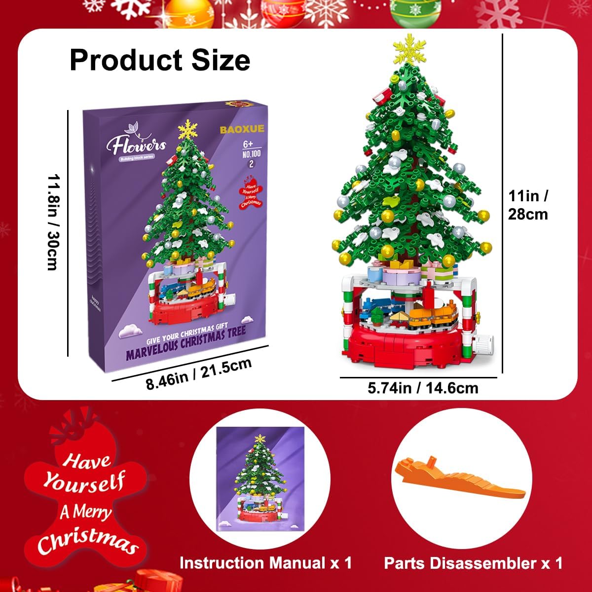 BAOXUE Christmas Tree Building Block Set, 515 Pieces, Rotating Base with Ornaments and Star, Holiday Building Toy, Stocking Stuffers for Kids, Gifts for Boys & Girls