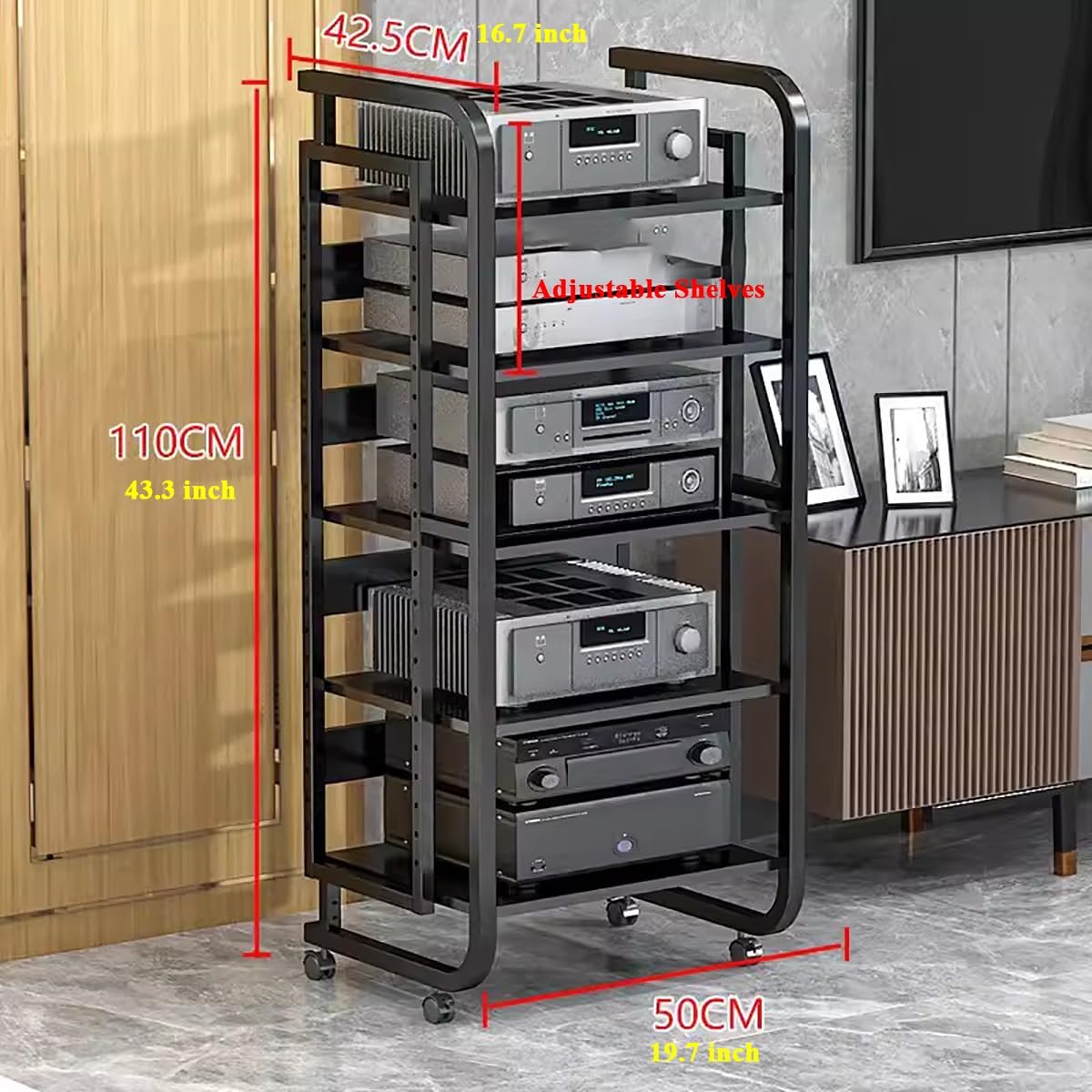 Mueble Rack de 43 Pulgadas de Altura, Soporte Multimedia Ajustable de 5 Niveles para Consolas de Videojuegos, Tocadiscos, receptores estéreo y Reproductores de CD. Estante versátil para Equi