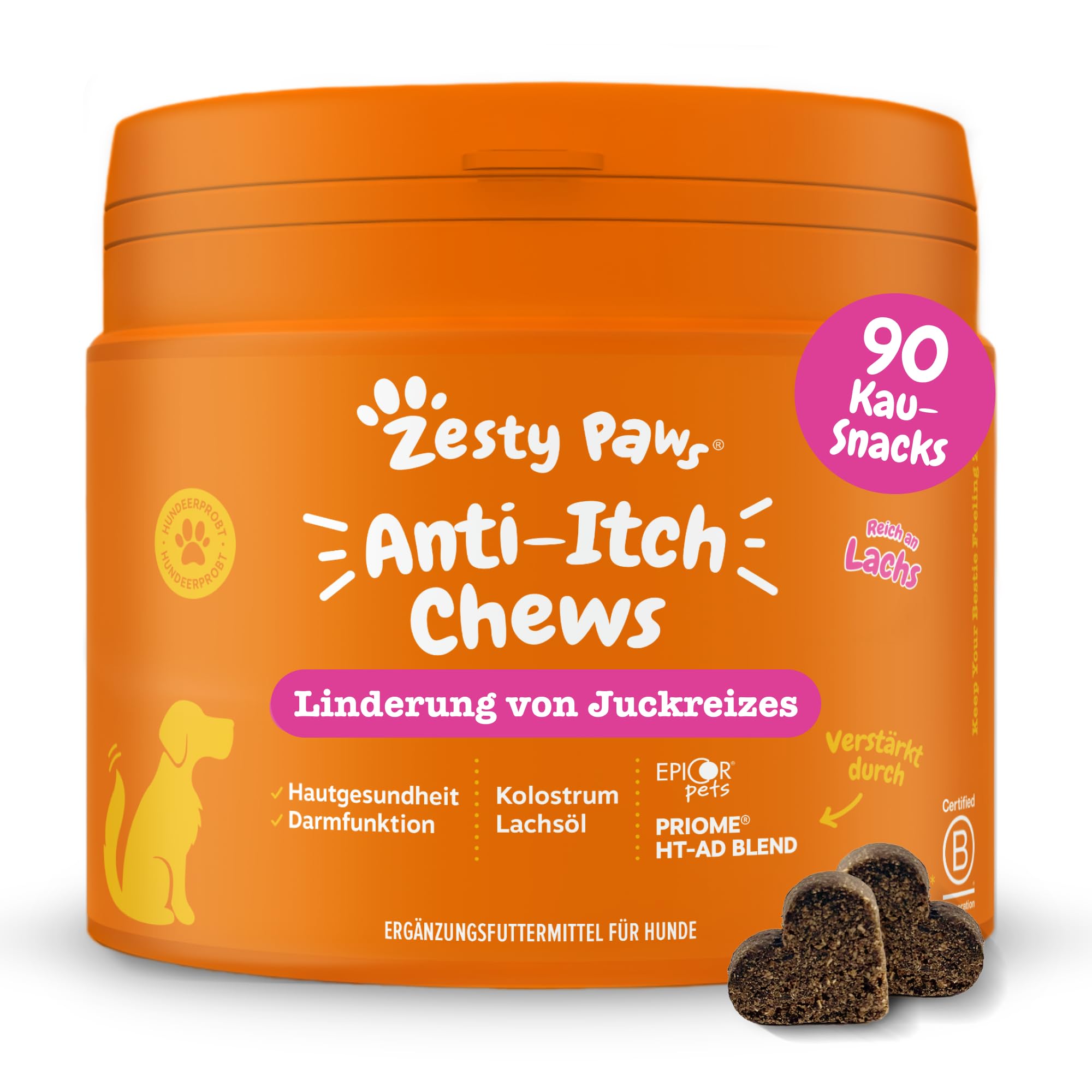 Zesty Paws Anti-Itch für Hunde – Hilfe bei juckender Haut, Pfoten & Ohren – Gegen Lecken & Kratzen – Unterstützt Immunsystem & Verdauung – Mit Lachsöl & Probiotika – 90 Soft Chews