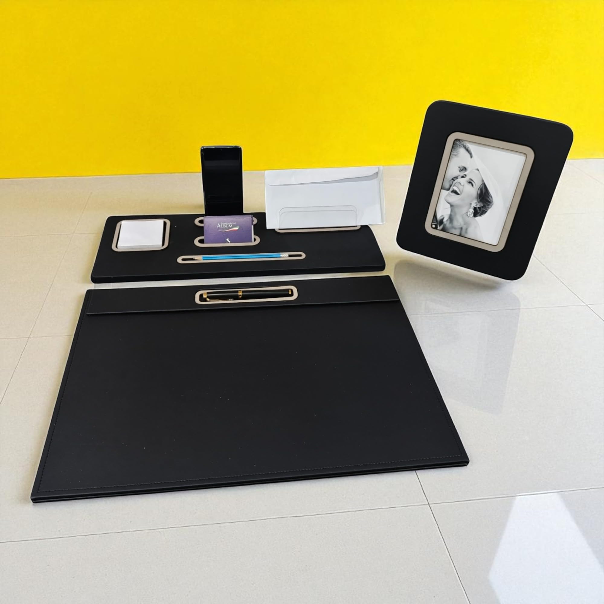 Oggettando Set Scrivania in eco pelle PU Nera, 5in1 Organizer con Supp. smartphone, Porta lettere, Porta bigliett, Portacarte adesive, Sottomano, Portafoto Ufficio, Casa (PU GRIGIO)