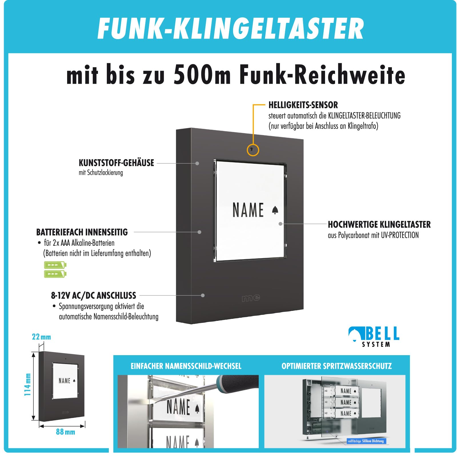 m-e Funkklingel BELL-531 Anthrazit mit Sender und Empfänger für 1-Familienhaus | Erweiterbare kabellose Türklingel mit 300 Meter Reichweite | Türglocke für Batteriebetrieb