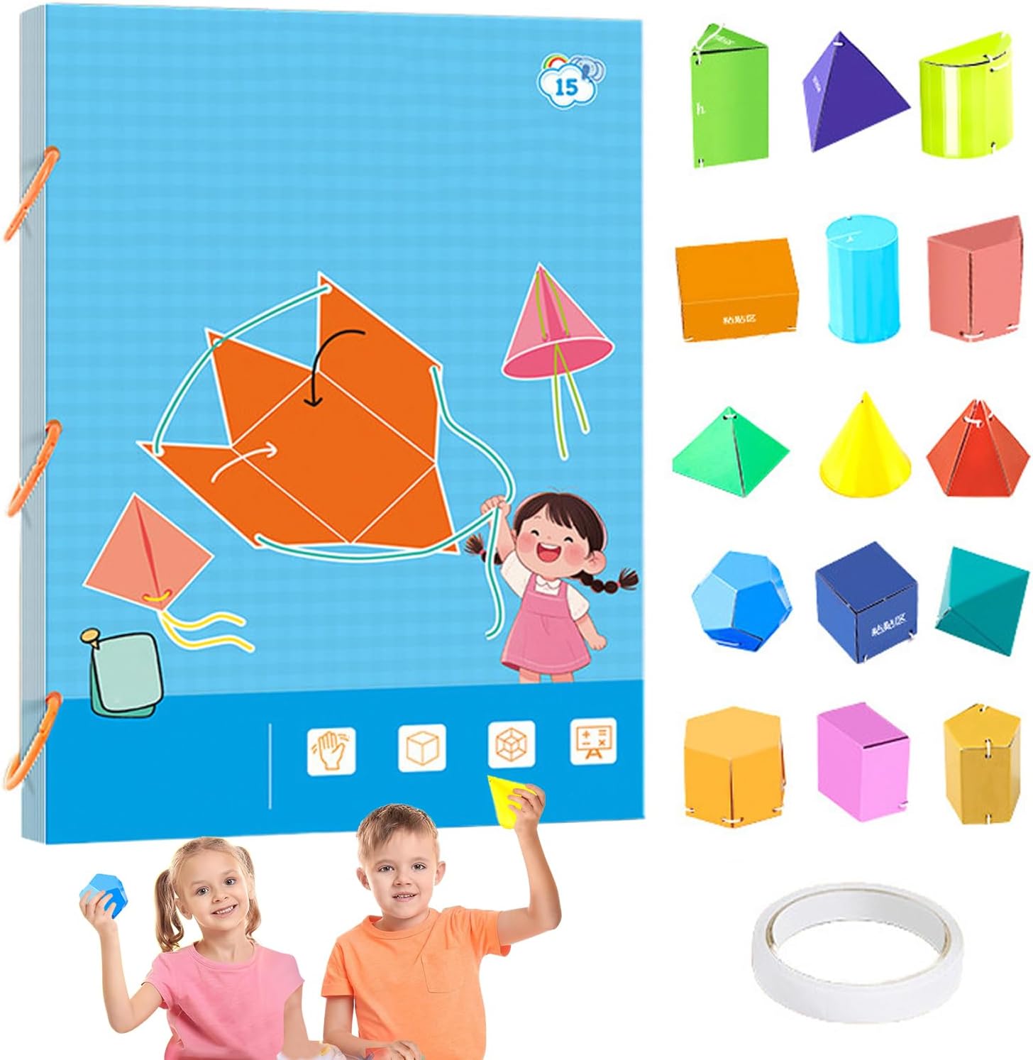 Pull String 3D Geometry Learning Book, DIY Interactive Geometry Book, Geometric Forms Book for Beginners with 15 Solids Models, Learning Resources Educational Toys for Boys Girls