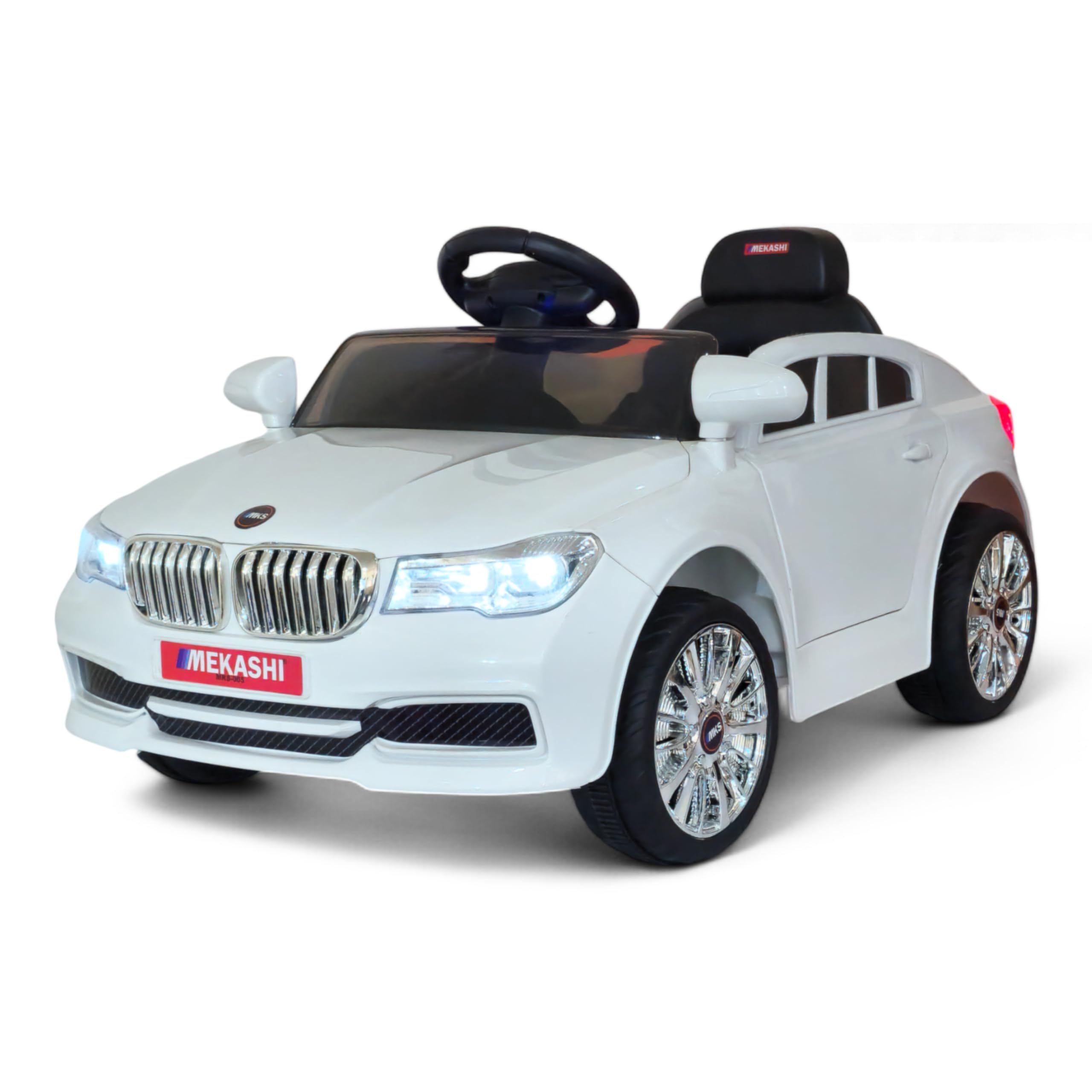 MEKASHI Ride-On Car for Kids 1-4 Years, White (MKS005) | 12V Battery Operated Electric Car, Parent Remote Control, Bluetooth Music, LED Headlights, 3 Speed Modes