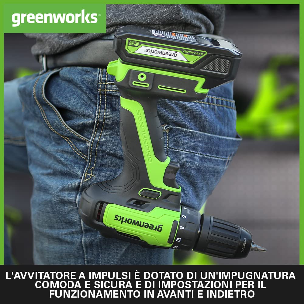 Greenworks GD24DD35K2 Trapano Avvitatore a Batteria con Motore Brushless, 0-1450 giri/min., 2 Marce, 35Nm di Coppia, Batteria 24V 2Ah e Caricabatterie, Borsa, Garanzia 3 Anni