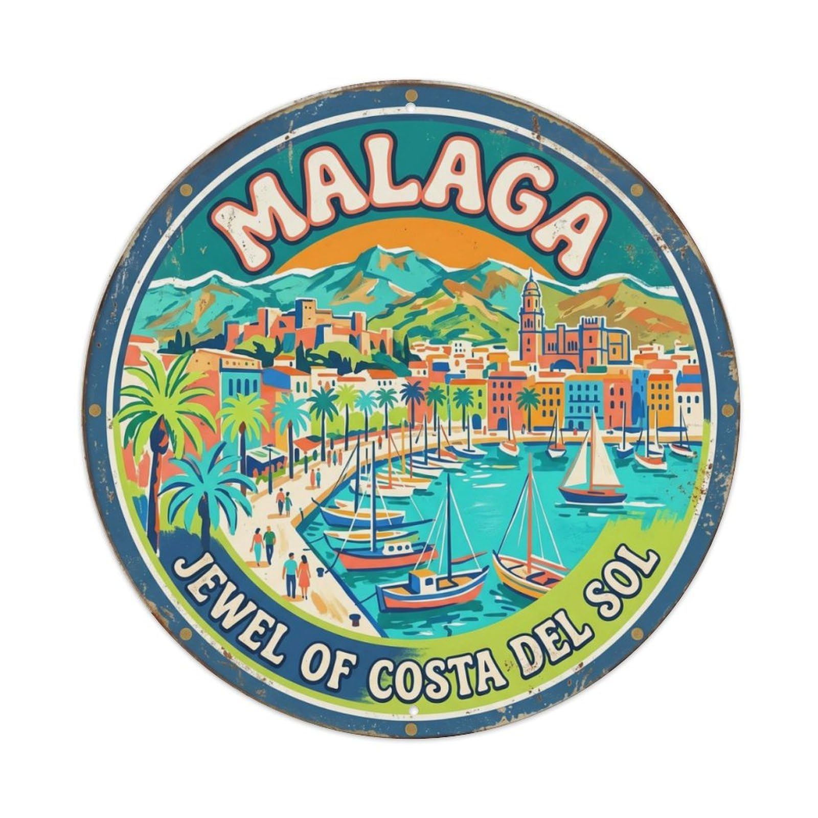 Fqcyn Style Vintage Travel Malaga Harbor Mediterranean Metal Tin Sign Plaque Wall Decor For Cafe, Club Bar, Office, Home Garden Round Metal Poster 8X8inch