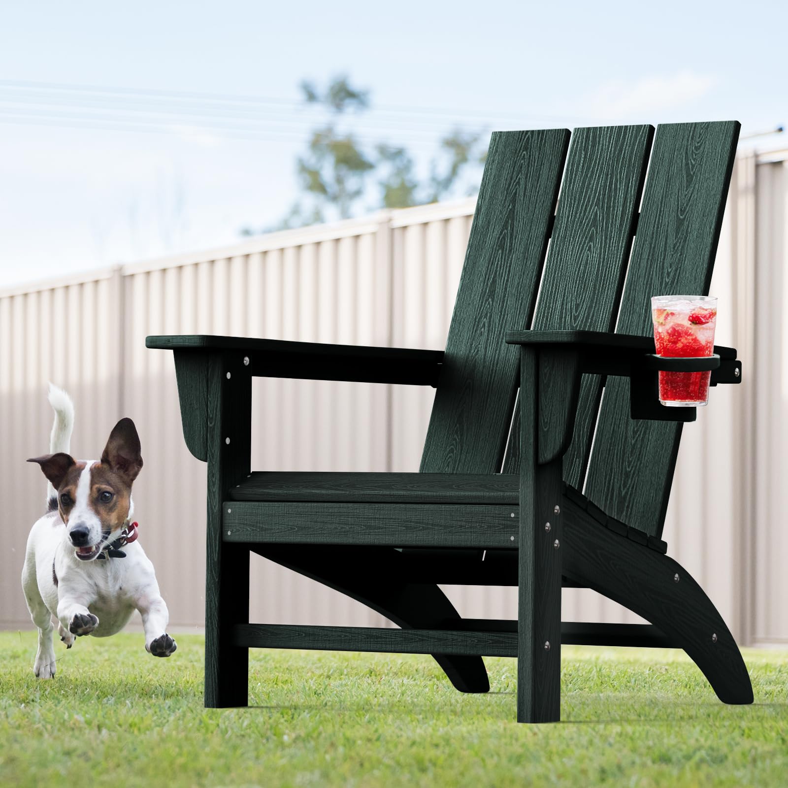 POLYDUN Modern Adirondack Chair with Cup Holder Dark Green